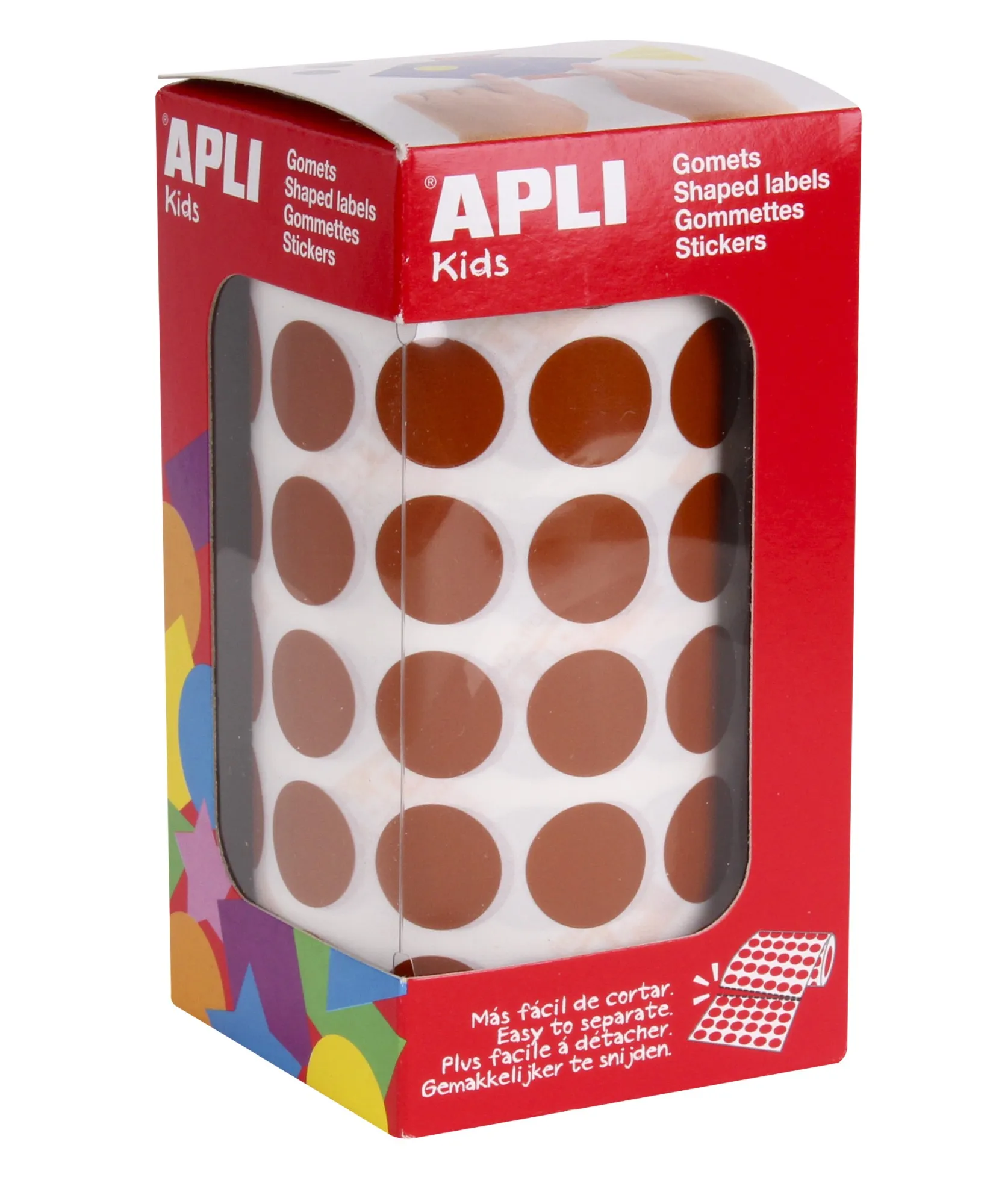 Apli Gomet Rotondi Permanenti Marrone - Ø 15mm - 59 Fogli Pretagliati - 2832 Gomet per Rotolo - Ideale per Scuole e Laboratori per Bambini - Standard EN-71 e FSC Soddisfatti - immagine 1