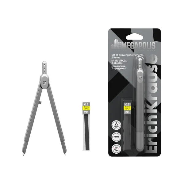 Bussola scolastica ErichKrause Megapolis - Include 10 mine di ricambio 2B da 05 mm - Lunghezza 130 mm - Raggio massimo di 160 mm - Colore argento - immagine 1