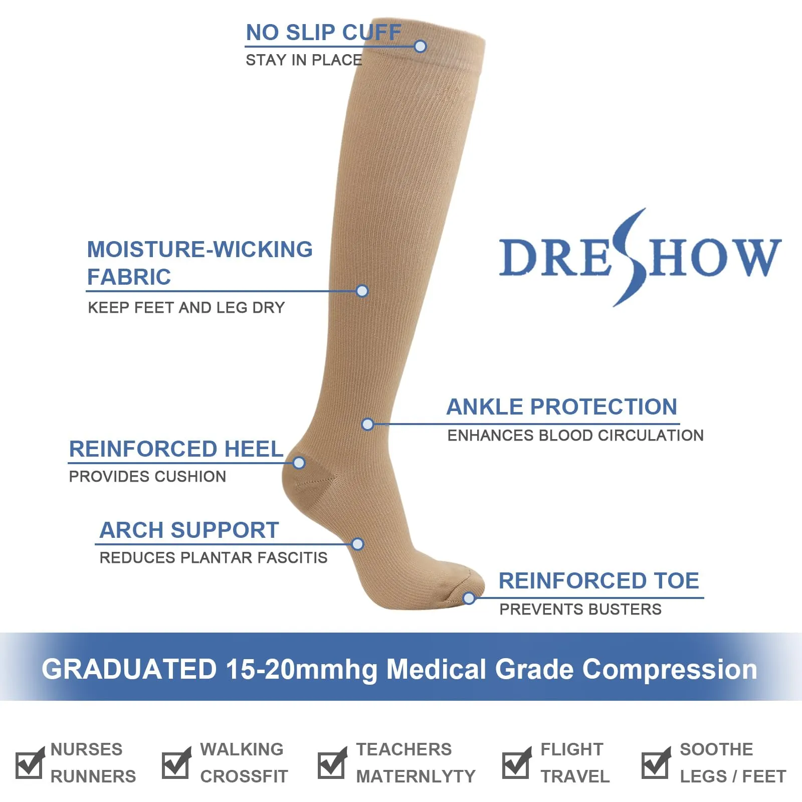 DRESHOW 4 Paia Calze a Compressione per Donna e Uomo Circolazione Miglior Supporto Alla per Atletica,Corsa,Ciclismo,Viaggi - immagine 5