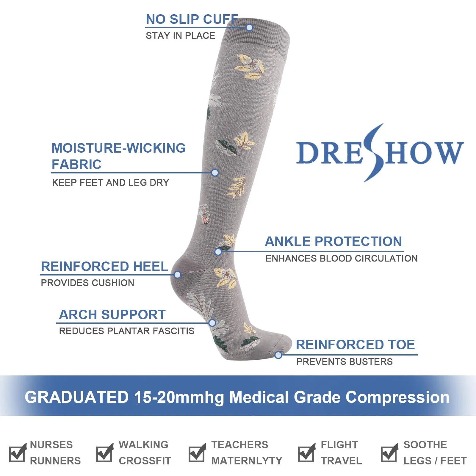 DRESHOW 4 Paia Calze a Compressione per Donna e Uomo Circolazione Miglior Supporto Alla per Atletica,Corsa,Ciclismo,Viaggi - immagine 6