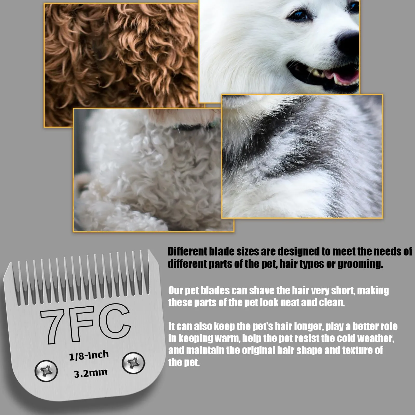 Confezione da 3 lame in acciaio inossidabile 7FC per toelettatura di cani, compatibili con Andis, Oster A5,/Heiniger/moser max 50/Wahl, misura 7FC, lama da 1/8 di pollice, lunghezza di taglio 3,2 mm - immagine 3