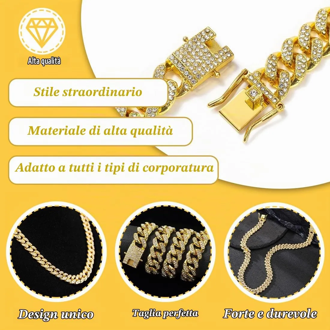 MIRKUZI Collane da uomo,Collana da donna, Catena cubana Rap Hip Hop,Acciaio inox oro, larghezza 15 mm, lunghezza 50 cm - immagine 3