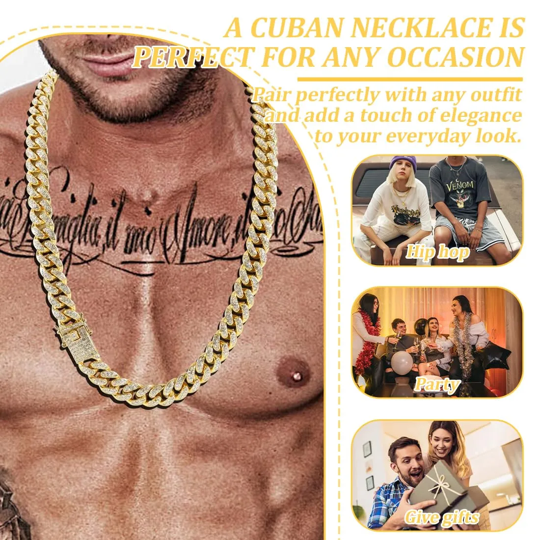 MIRKUZI Collane da uomo,Collana da donna, Catena cubana Rap Hip Hop,Acciaio inox oro, larghezza 15 mm, lunghezza 50 cm - immagine 4