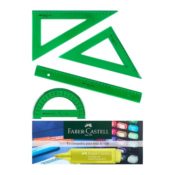 Faber-Castell School Pack da 4 righelli - Righello dritto - Goniometro - Squadra - Colore verde trasparente - immagine 1