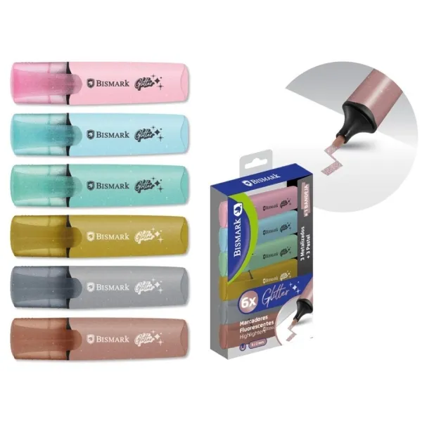 Confezione da 6 pennarelli fluorescenti glitterati Bismark - 3 pastello e 3 metallizzati - Inchiostro ad asciugatura rapida - Punta a scalpello - Ideali per sottolineare ed evidenziare - Design ergonomico - immagine 1