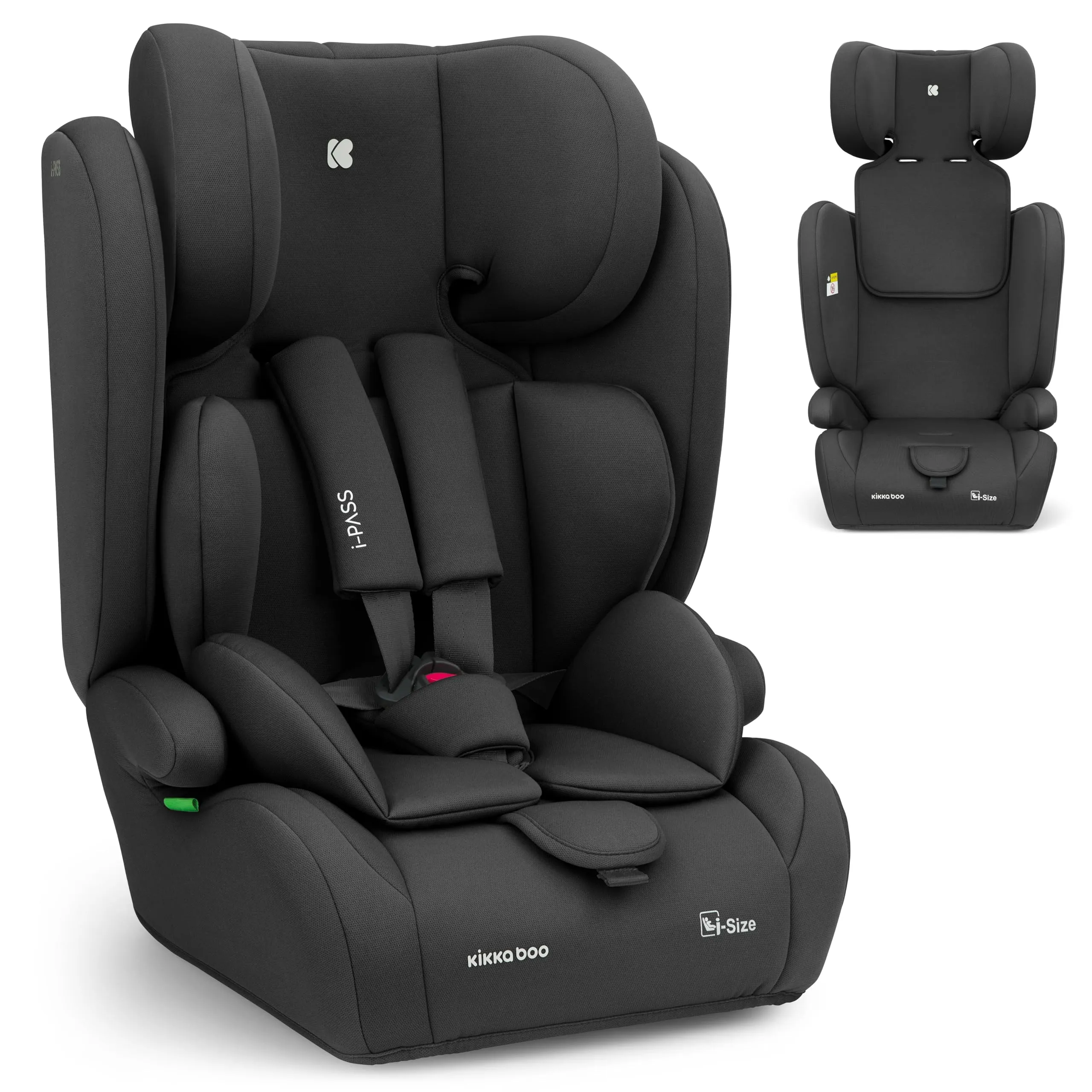 KikkaBoo Seggiolino Auto 9-36 kg i-PASS, Gruppo 1/2/3, Da 15 Mesi a 12 Anni, i-Size 76-150 cm, Poggiatesta Regolabile 13 Posizioni, Nero - immagine 1