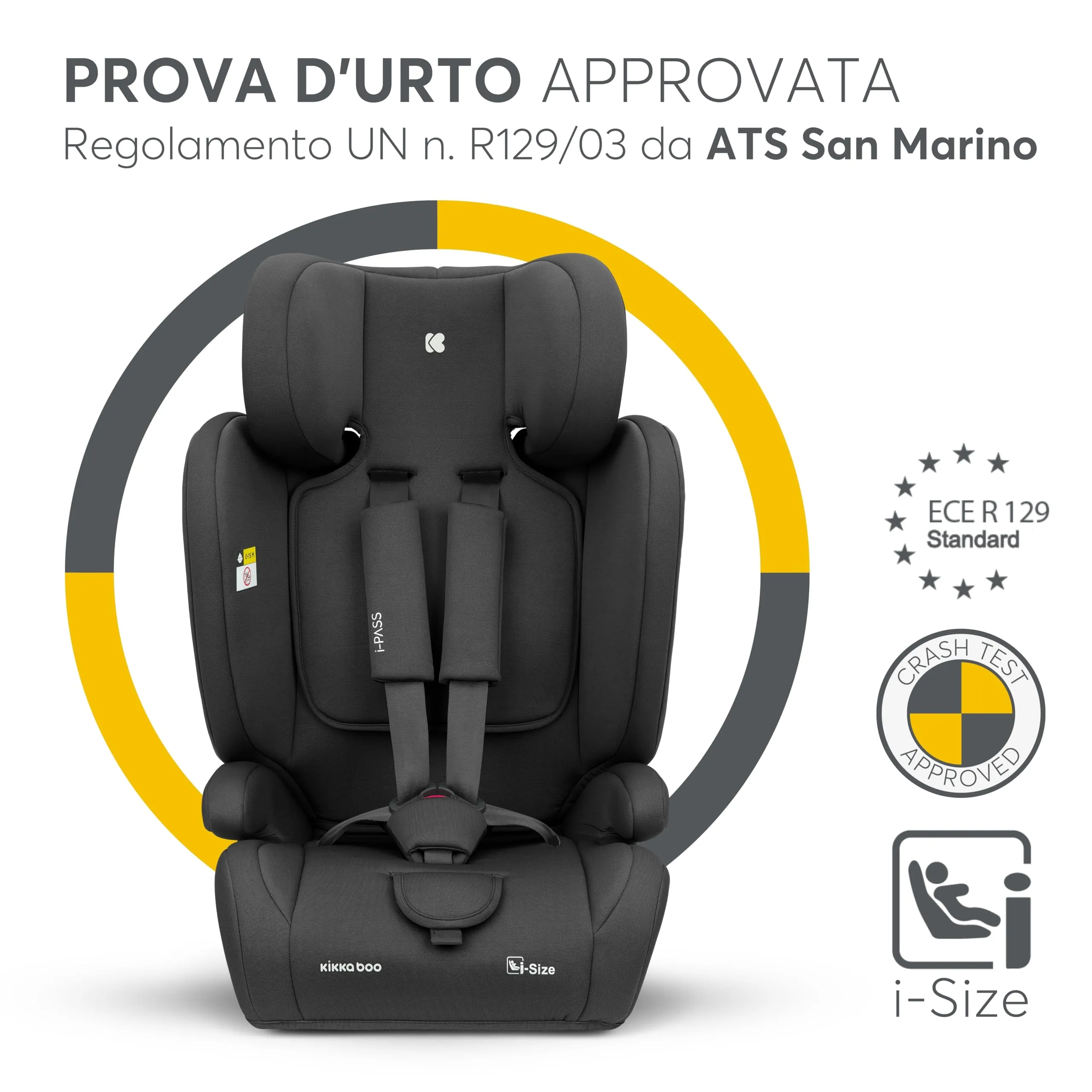 KikkaBoo Seggiolino Auto 9-36 kg i-PASS, Gruppo 1/2/3, Da 15 Mesi a 12 Anni, i-Size 76-150 cm, Poggiatesta Regolabile 13 Posizioni, Nero - immagine 2