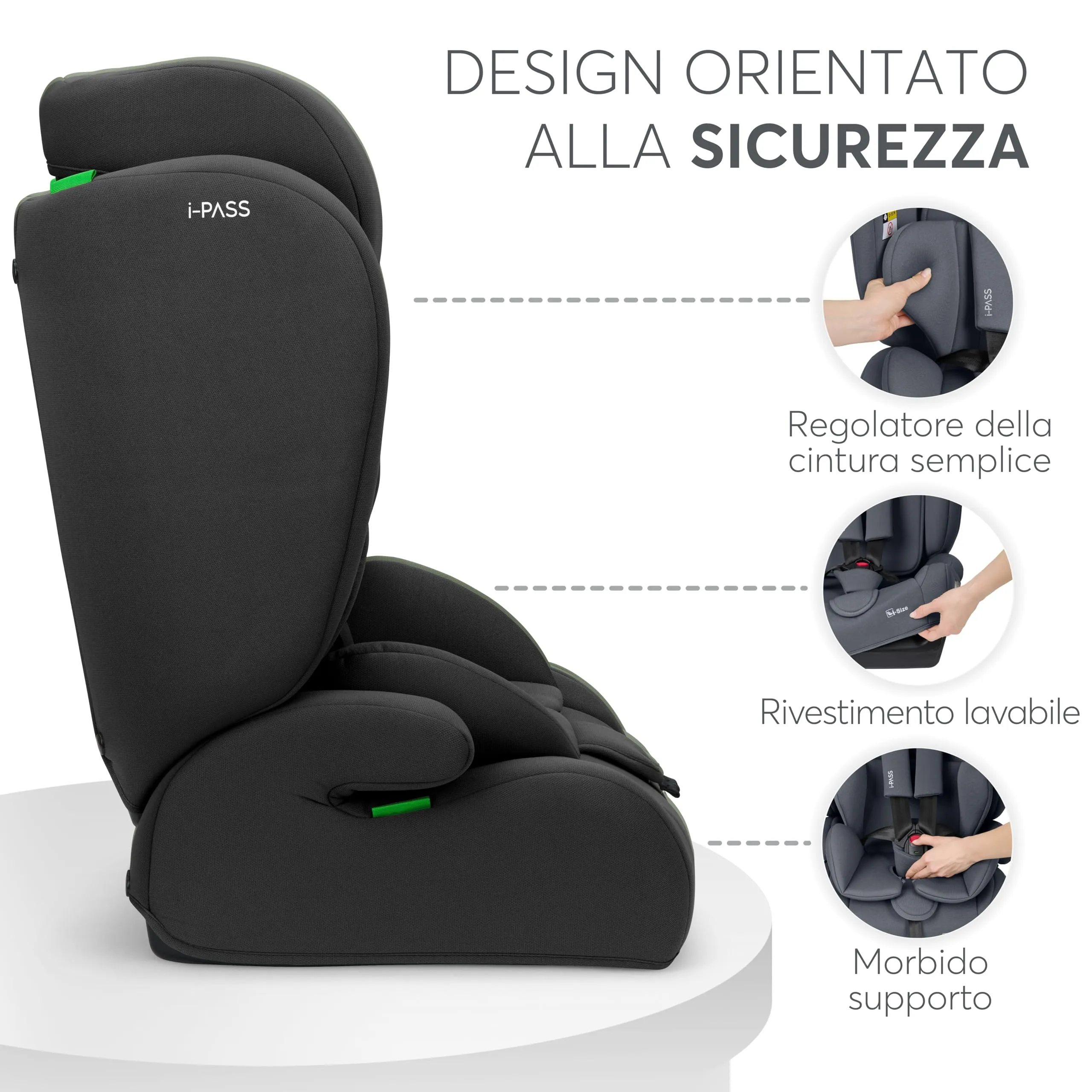 KikkaBoo Seggiolino Auto 9-36 kg i-PASS, Gruppo 1/2/3, Da 15 Mesi a 12 Anni, i-Size 76-150 cm, Poggiatesta Regolabile 13 Posizioni, Nero - immagine 5