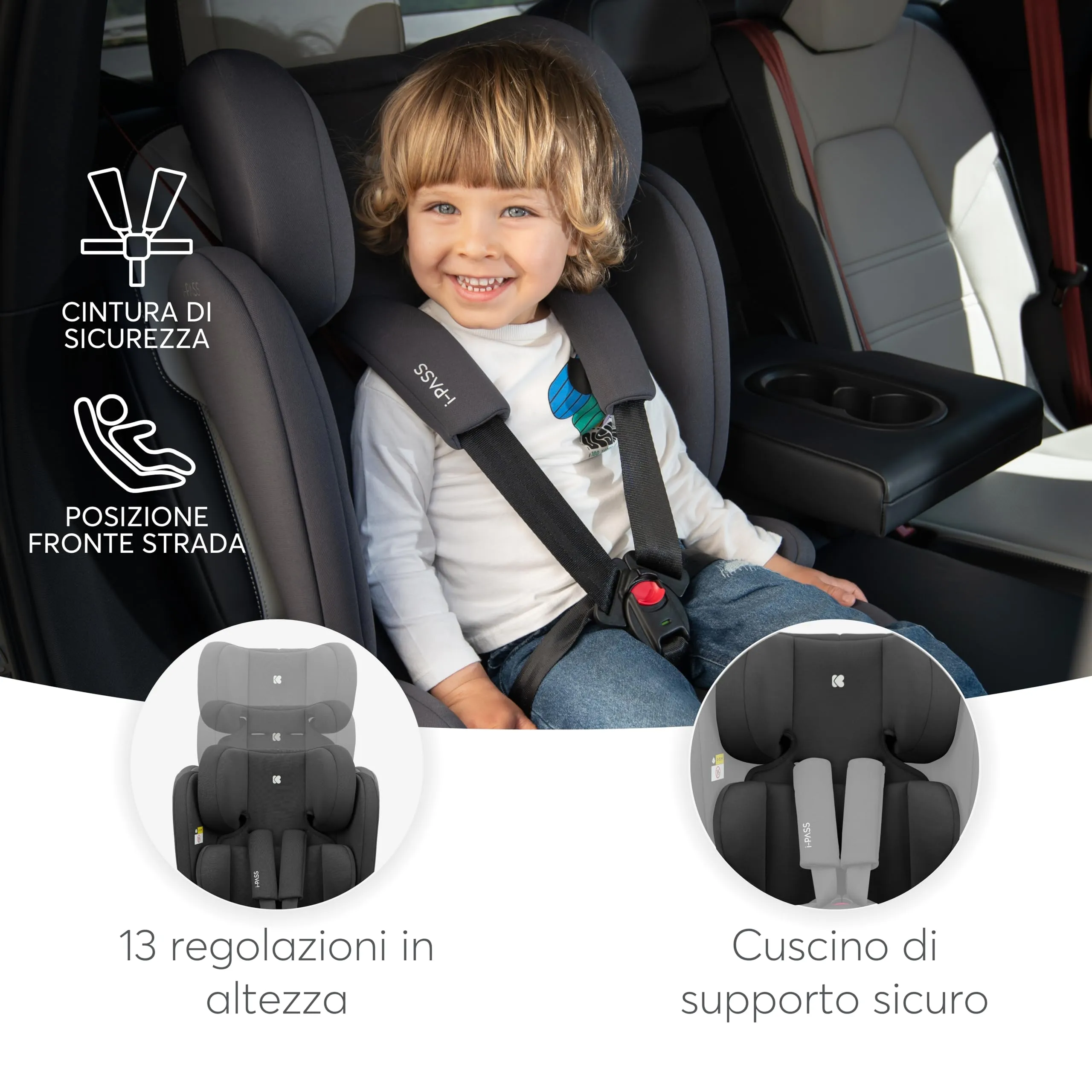 KikkaBoo Seggiolino Auto 9-36 kg i-PASS, Gruppo 1/2/3, Da 15 Mesi a 12 Anni, i-Size 76-150 cm, Poggiatesta Regolabile 13 Posizioni, Nero - immagine 6