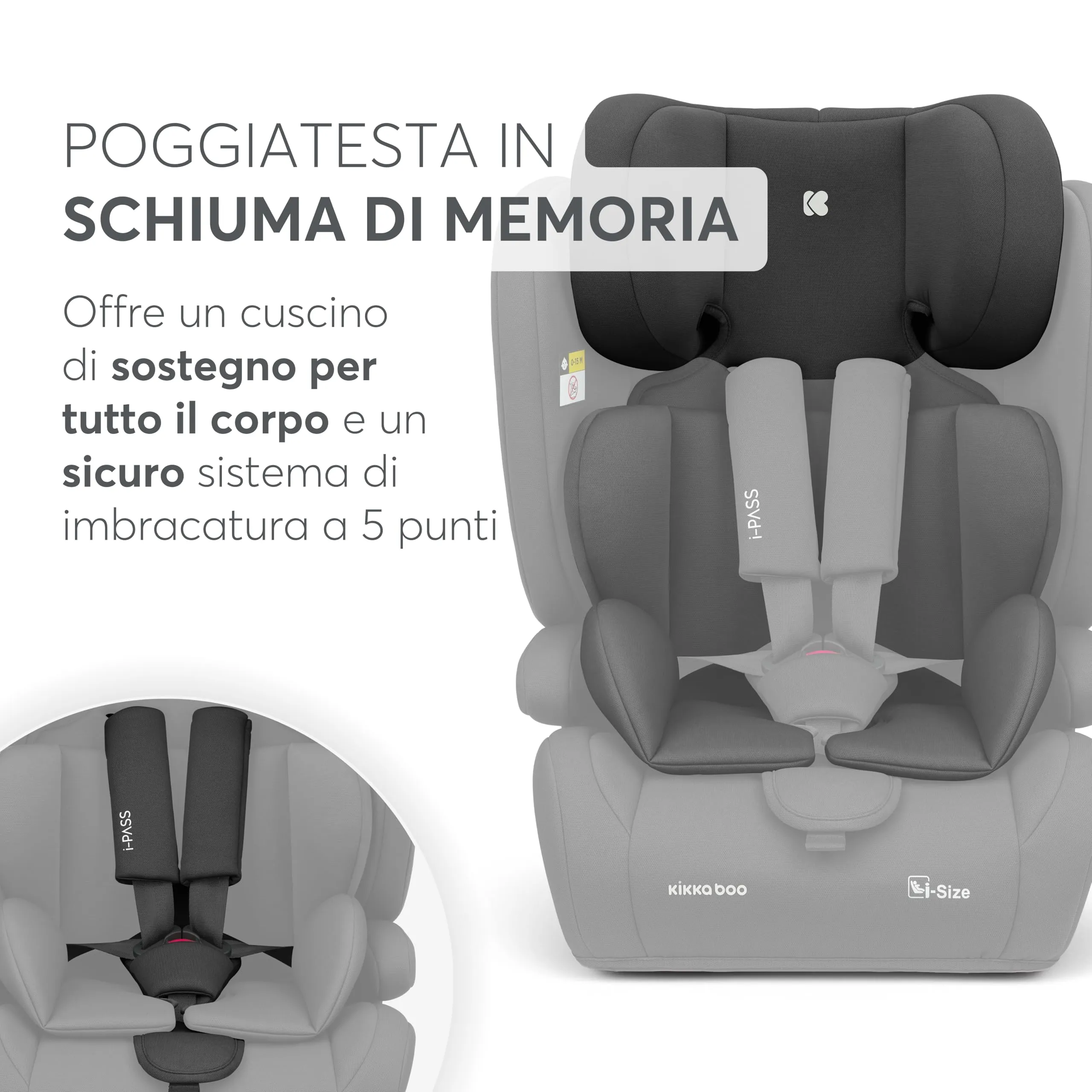 KikkaBoo Seggiolino Auto 9-36 kg i-PASS, Gruppo 1/2/3, Da 15 Mesi a 12 Anni, i-Size 76-150 cm, Poggiatesta Regolabile 13 Posizioni, Nero - immagine 7