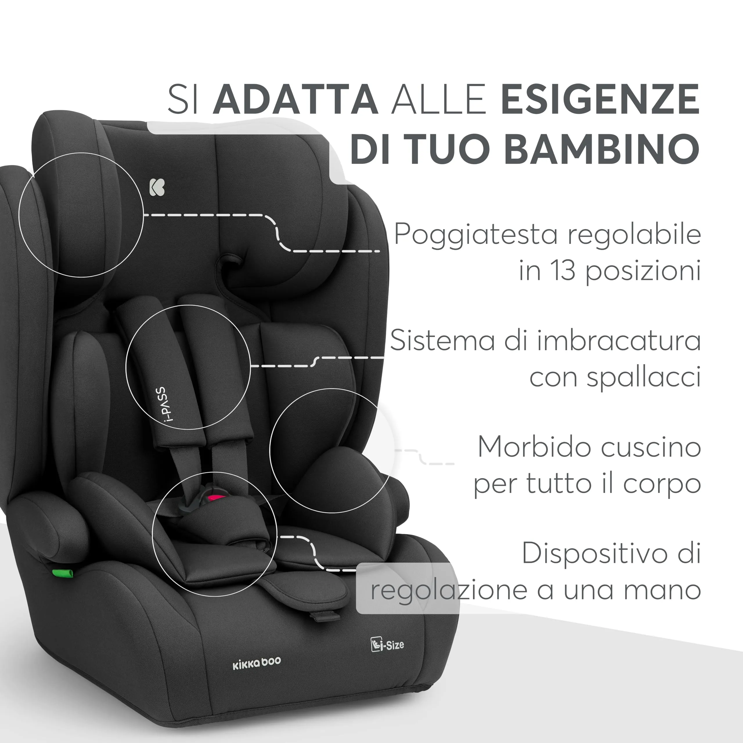 KikkaBoo Seggiolino Auto 9-36 kg i-PASS, Gruppo 1/2/3, Da 15 Mesi a 12 Anni, i-Size 76-150 cm, Poggiatesta Regolabile 13 Posizioni, Nero - immagine 10