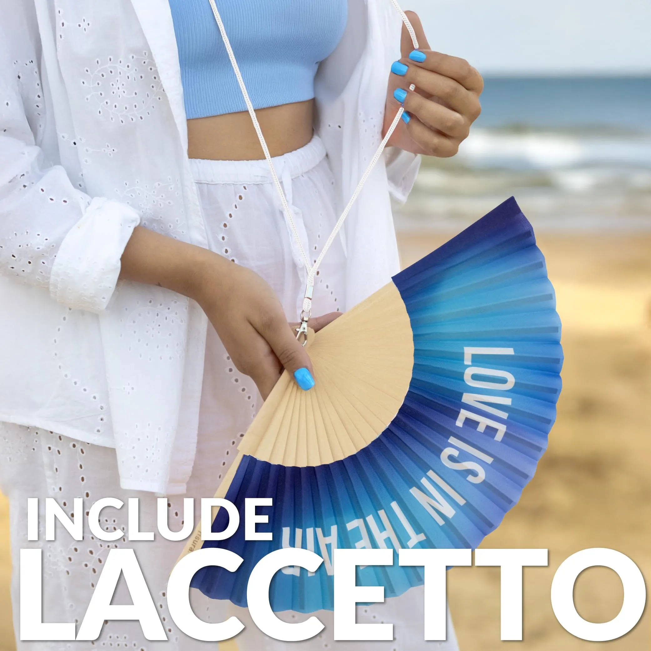 Fisura – Ventaglio in legno per matrimoni con messaggio “love is in the air”. Ventaglio portatile sfumato blu, accessorio elegante con gancio incluso. Dimensioni: 42,5 x 23 cm - immagine 3