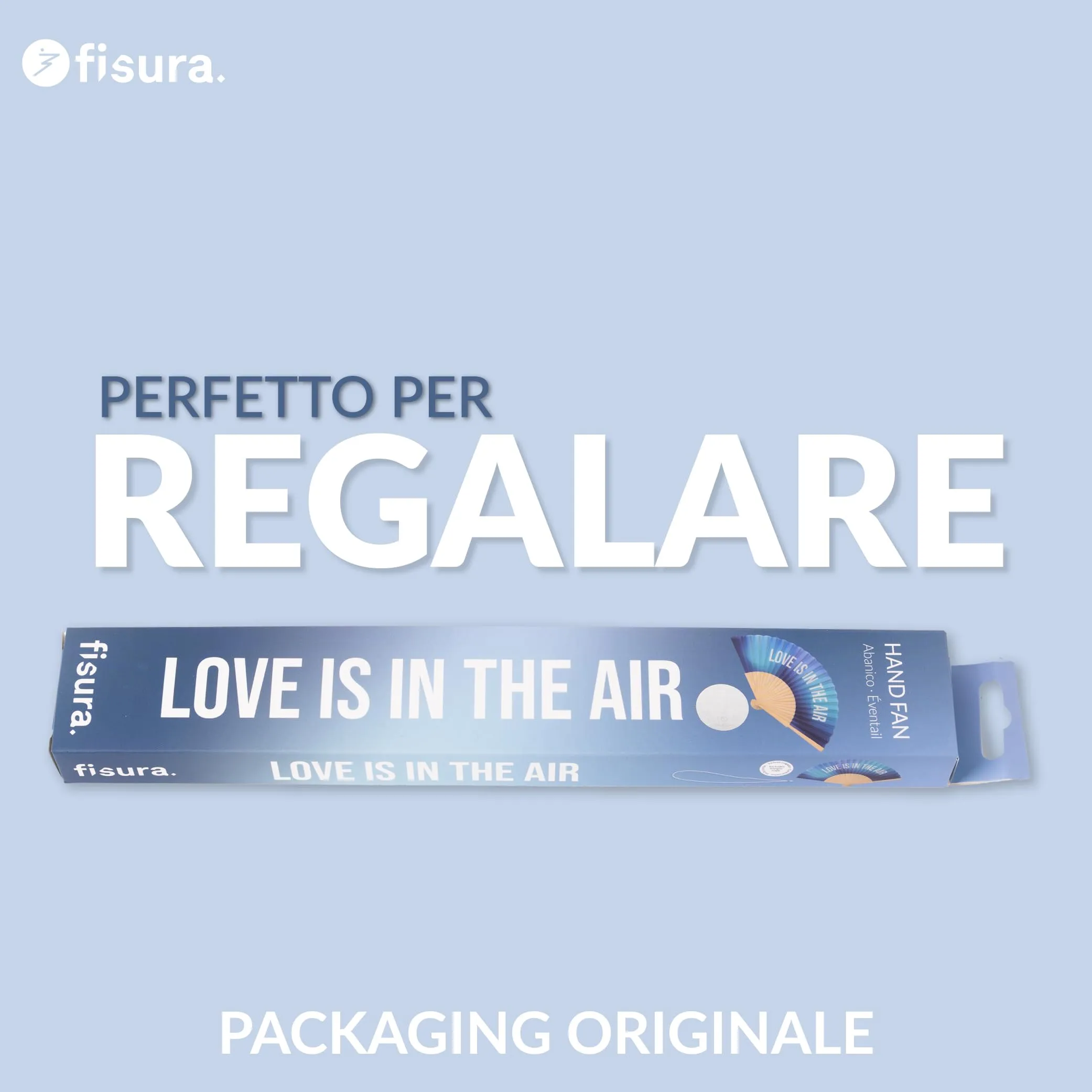 Fisura – Ventaglio in legno per matrimoni con messaggio “love is in the air”. Ventaglio portatile sfumato blu, accessorio elegante con gancio incluso. Dimensioni: 42,5 x 23 cm - immagine 7