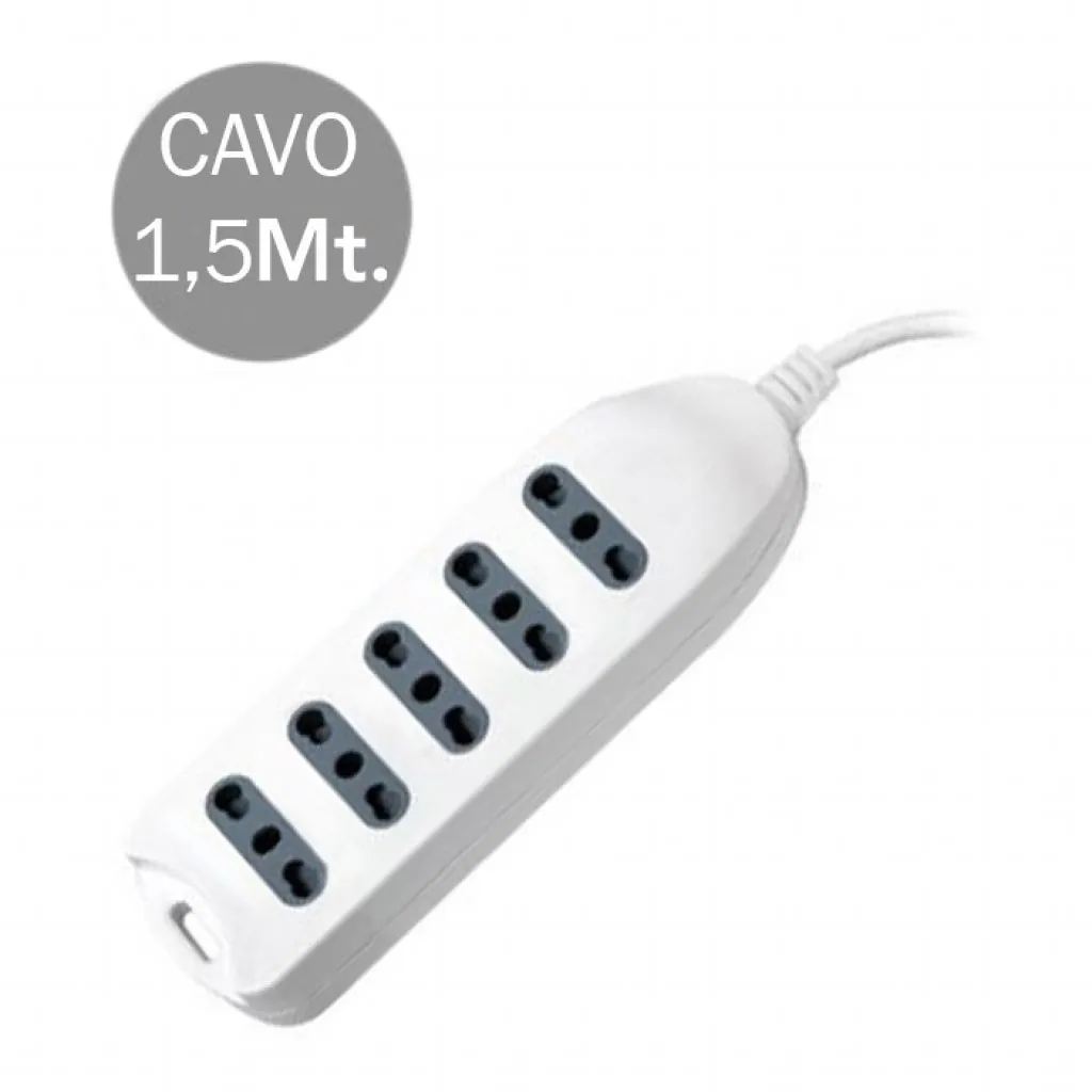 V-TAC Multipresa con Cavo 15m 5 Prese 10/16A 2P+T Bipasso con Attacco a Parete con Spina 16A 2P+T Colore Bianco - immagine 1