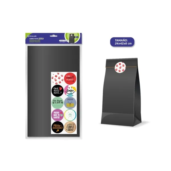Confezione da 10 buste in carta kraft Bismark (50 g/m²) con 10 adesivi di chiusura - Dimensioni 24x42x6 cm - Ideali per regali - Nero - immagine 1