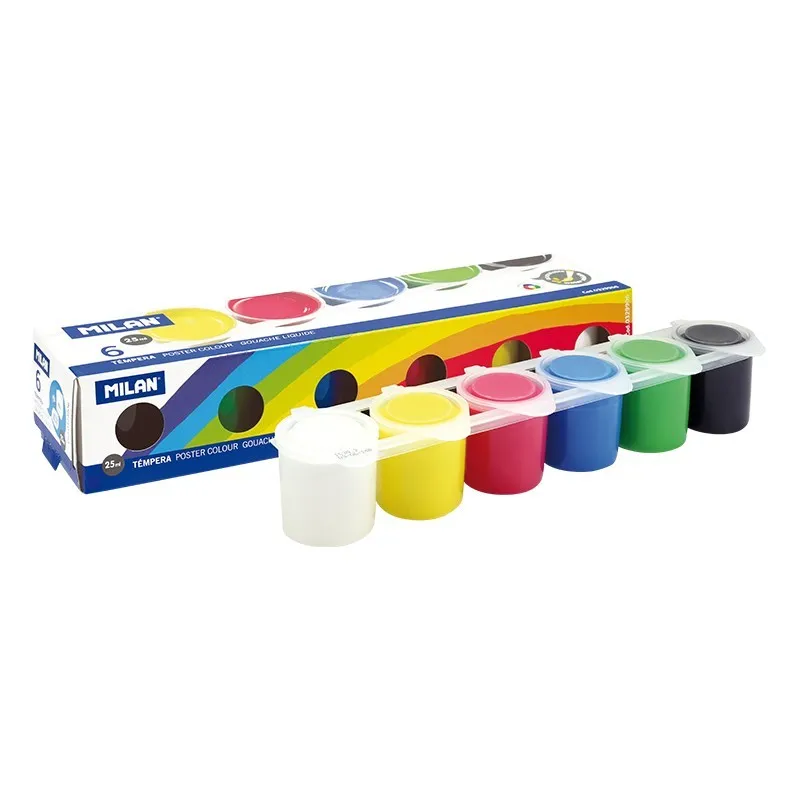Milan Confezione da 6 Barattoli Tempere 25ml + 1 Pennello Serie 101 - Asciugatura Rapida - Miscelabili - Colori Assortiti - immagine 1