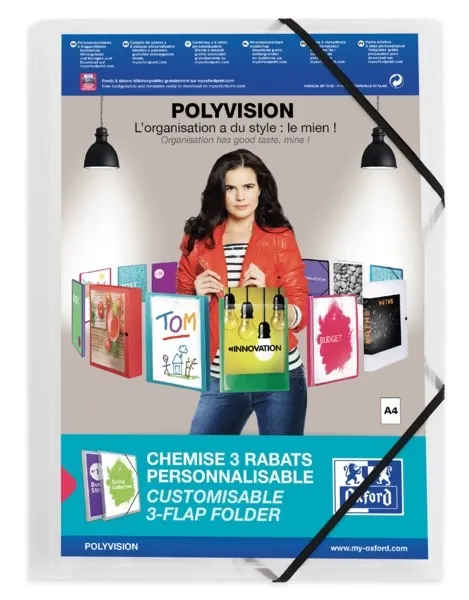 Cartella elasticizzata Oxford Polyvision A4+ a 3 lembi - Copertina in plastica personalizzabile - Dorso trasparente da 30 mm - immagine 1
