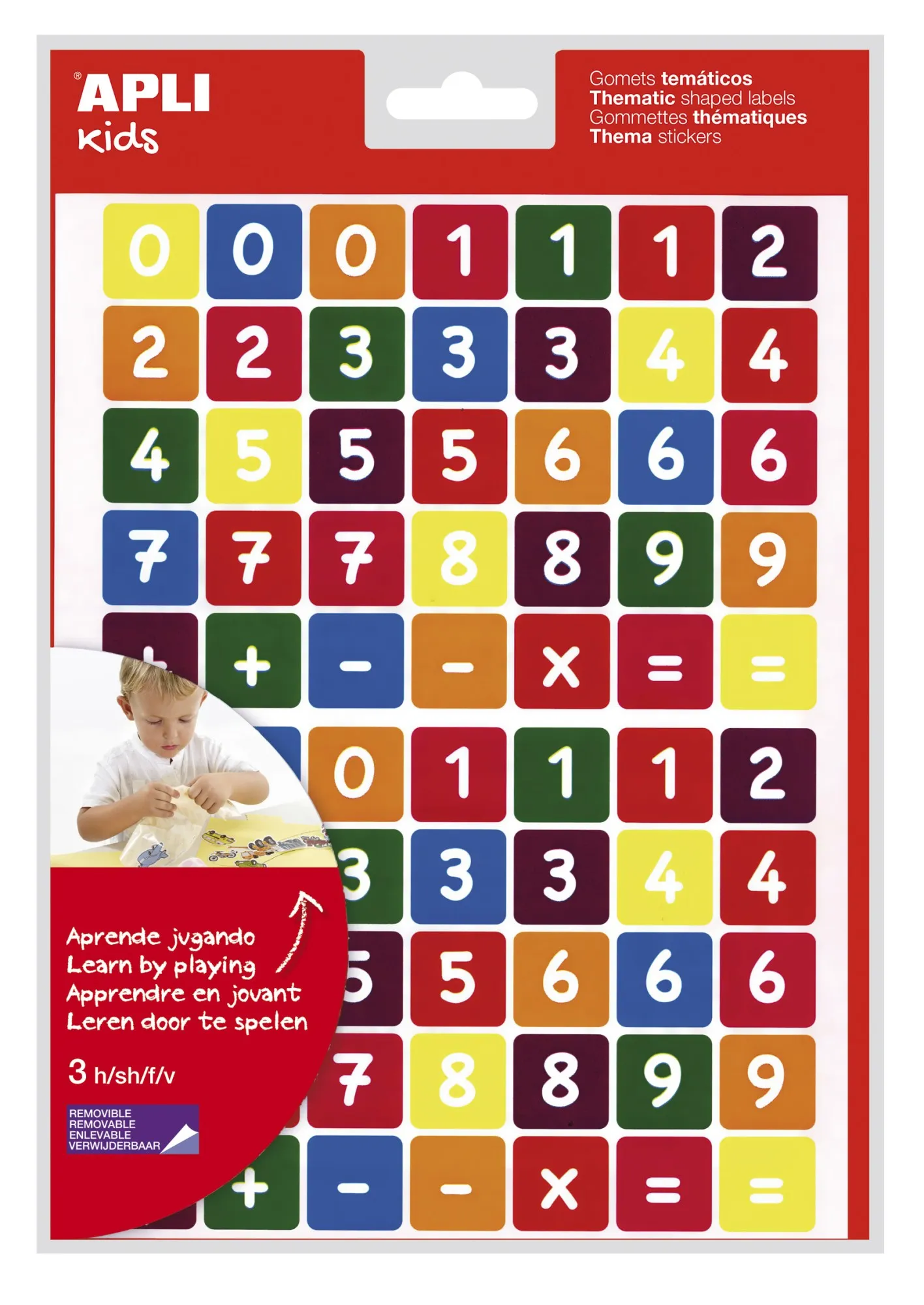 Apli Numbers Bustina Adesivi Tematici - 210 Adesivi su 3 Fogli - Adesivo Removibile - Apprendimento Numeri e Calcolo Mentale - Adesivo a Base Acqua - Senza Solventi - Colori Assortiti - immagine 1