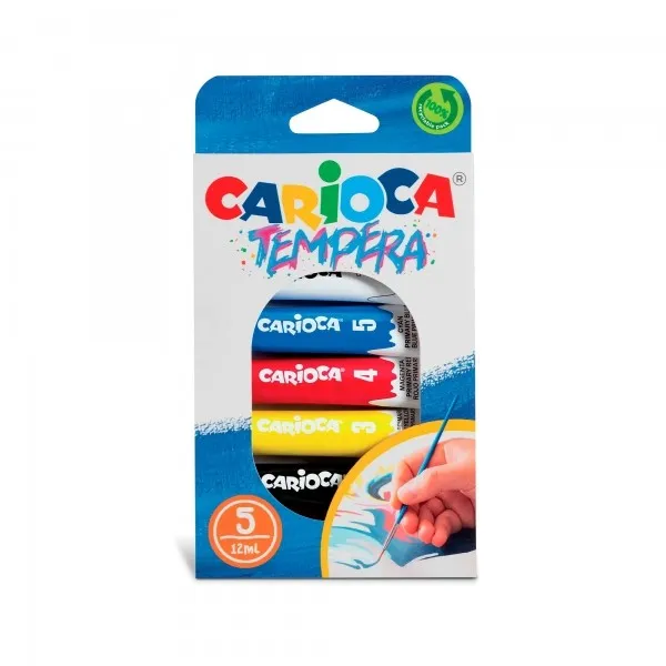 Carioca Confezione da 5 Tubetti Tempera da 12ml - Colori Super Lavabili - Alto Potere Coprente - Applicabili su Materiali Porosi - Confezione 100% Riciclabile - Vari Colori - immagine 1