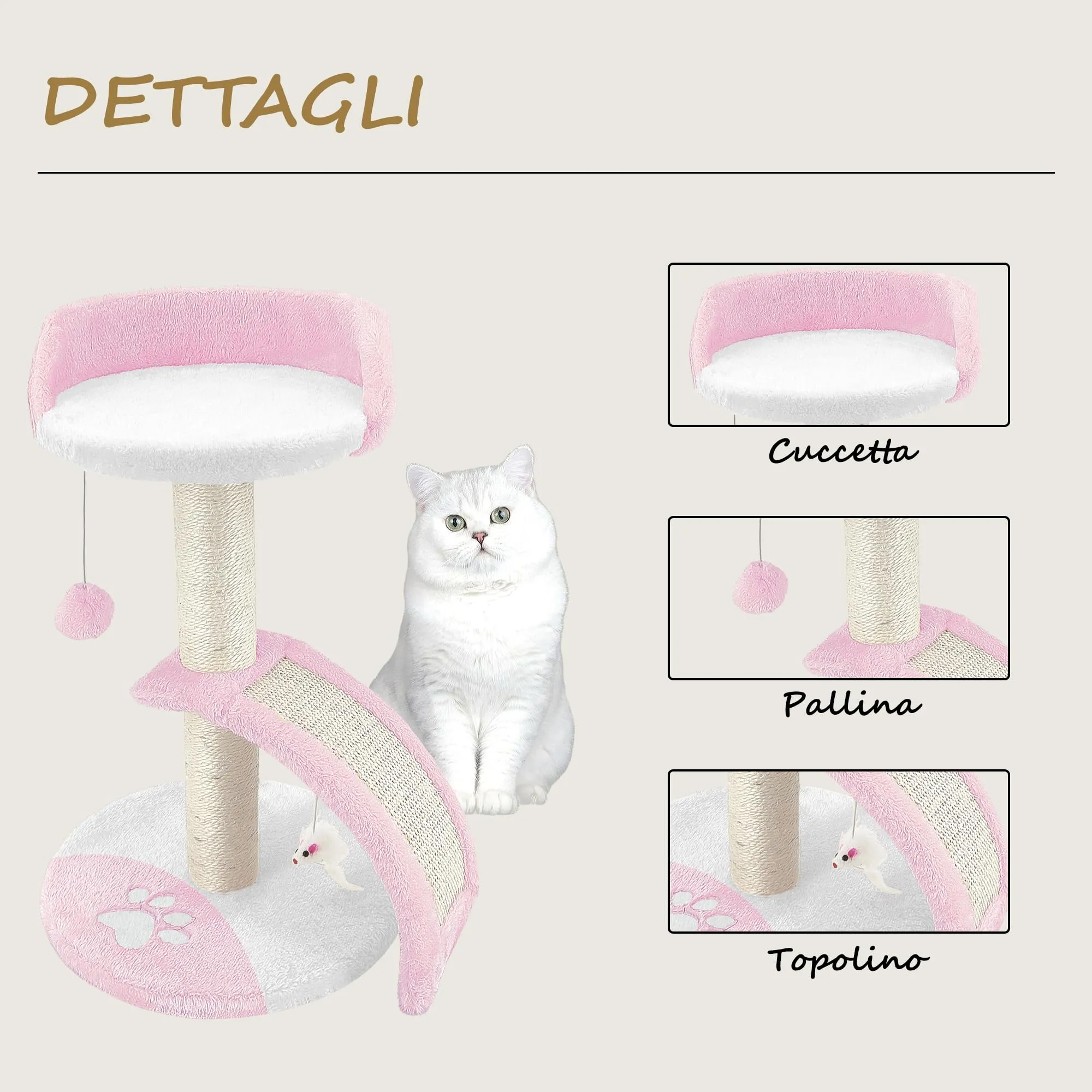 Beltom® TIRAGRAFFI PER GATTI ALTO 54 CM. GRAFFIATOIO PARCO GIOCHI GIOCO DA GATTO CON CORDA SISAL E CUCCIA ALBERO GRAFFIO PALESTRA. - Rosa-Bianco - immagine 2