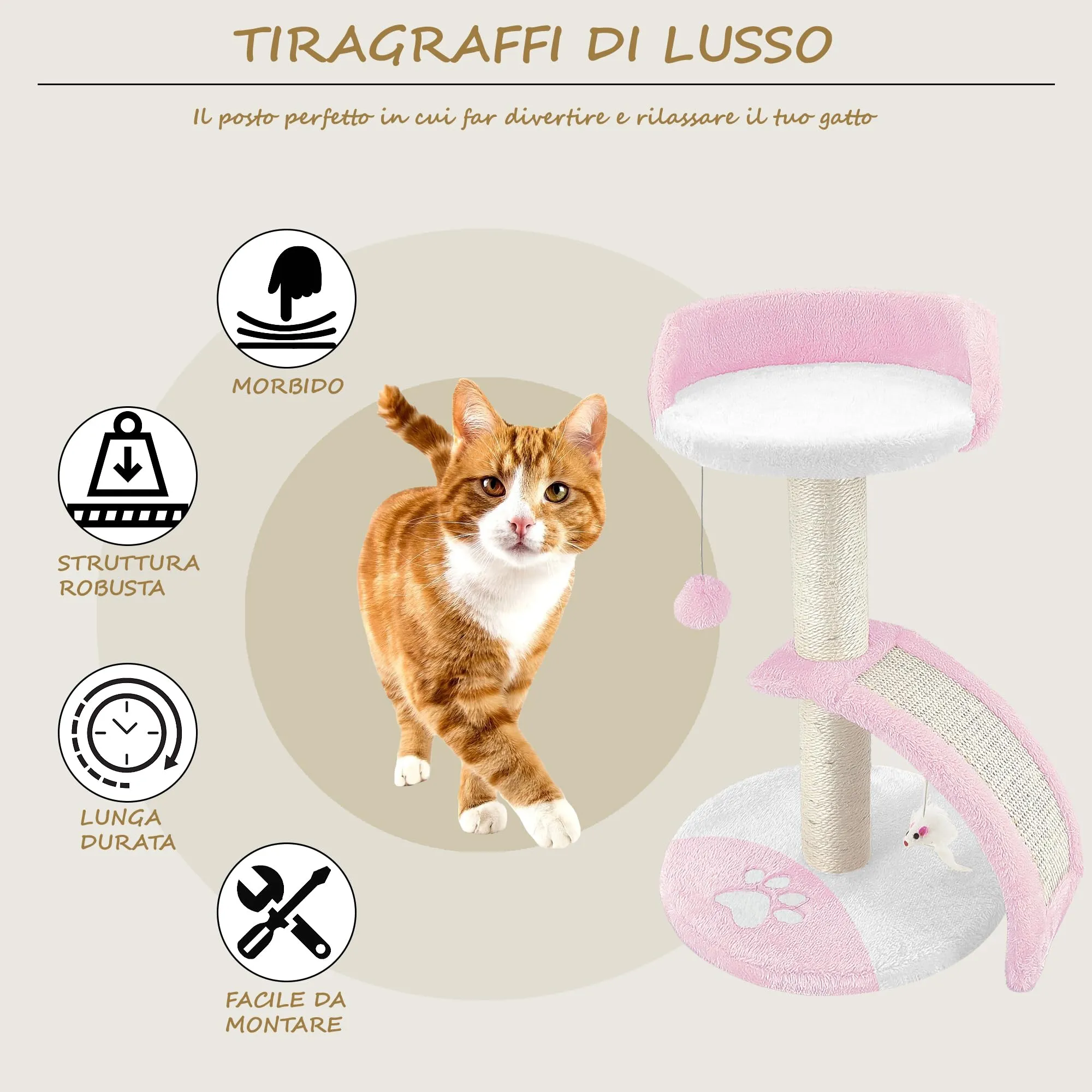 Beltom® TIRAGRAFFI PER GATTI ALTO 54 CM. GRAFFIATOIO PARCO GIOCHI GIOCO DA GATTO CON CORDA SISAL E CUCCIA ALBERO GRAFFIO PALESTRA. - Rosa-Bianco - immagine 3