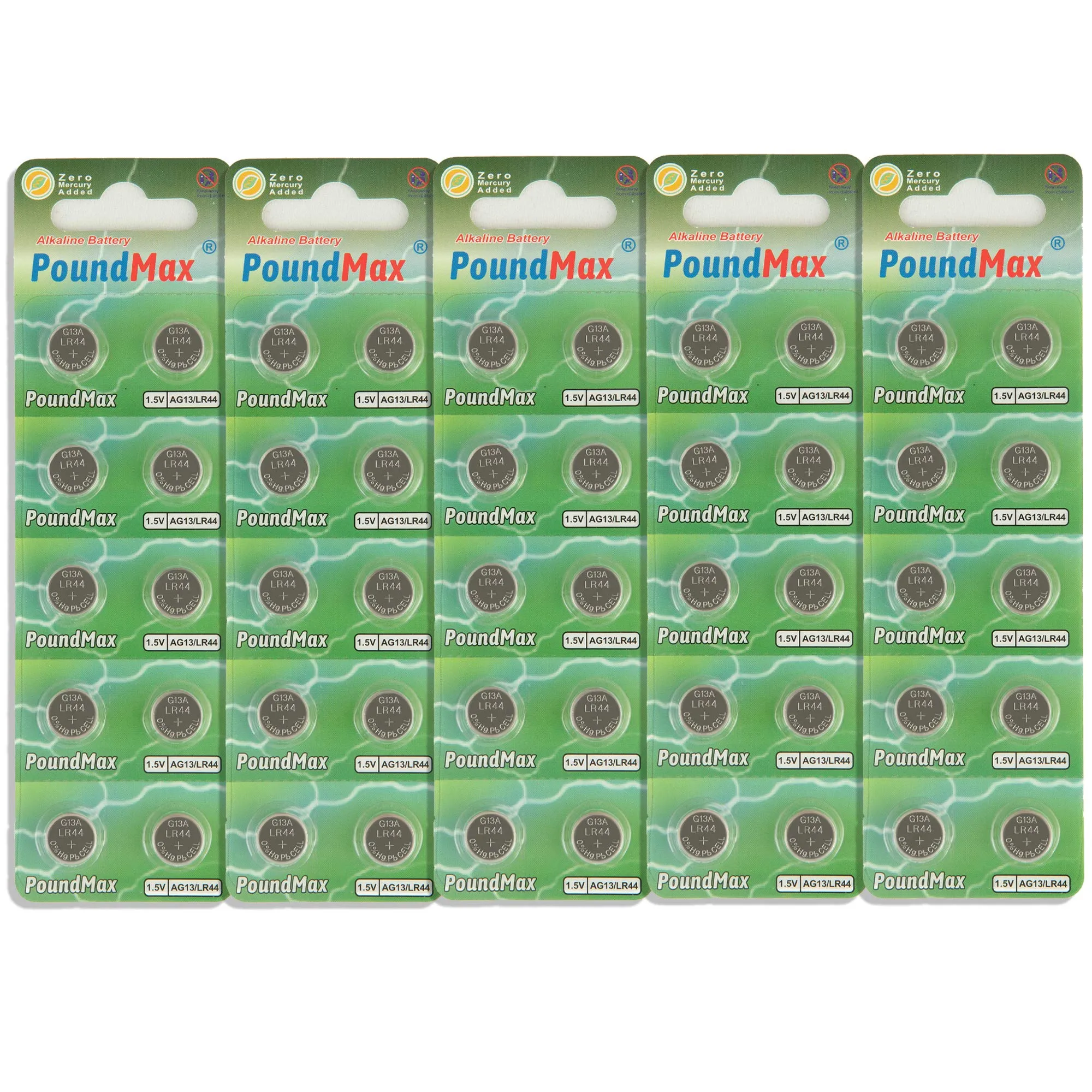 50 batterie alcaline a bottone AG13 LR44 da 1,5 V PoundMax - immagine 1