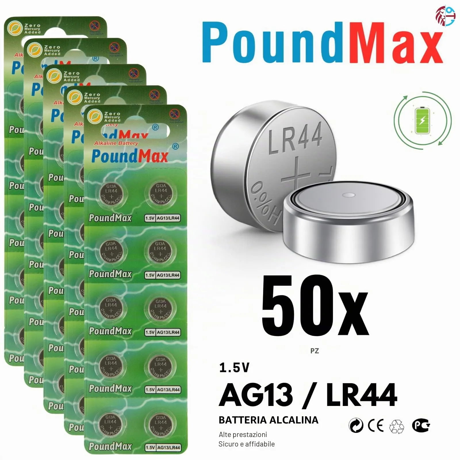 50 batterie alcaline a bottone AG13 LR44 da 1,5 V PoundMax - immagine 2