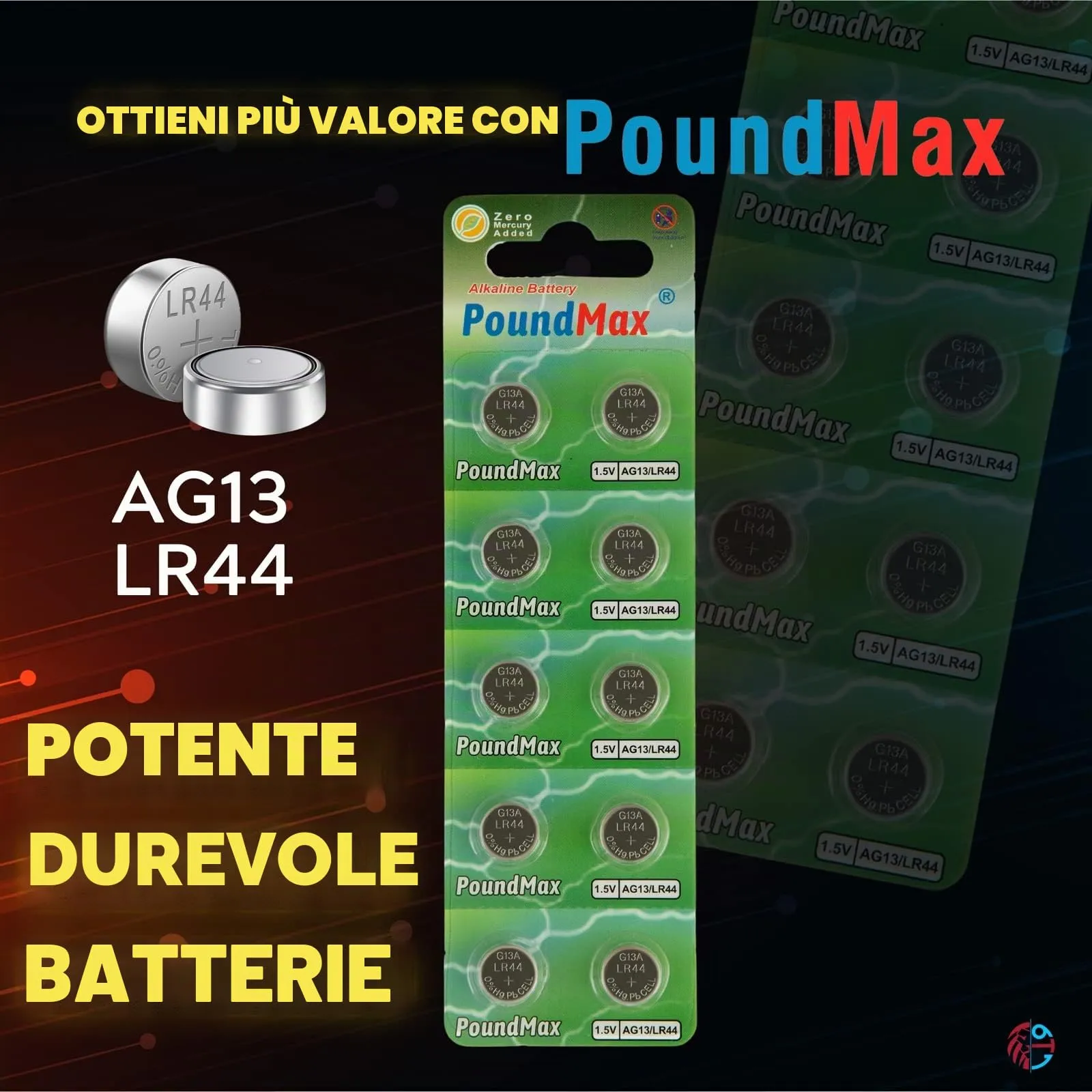 50 batterie alcaline a bottone AG13 LR44 da 1,5 V PoundMax - immagine 3