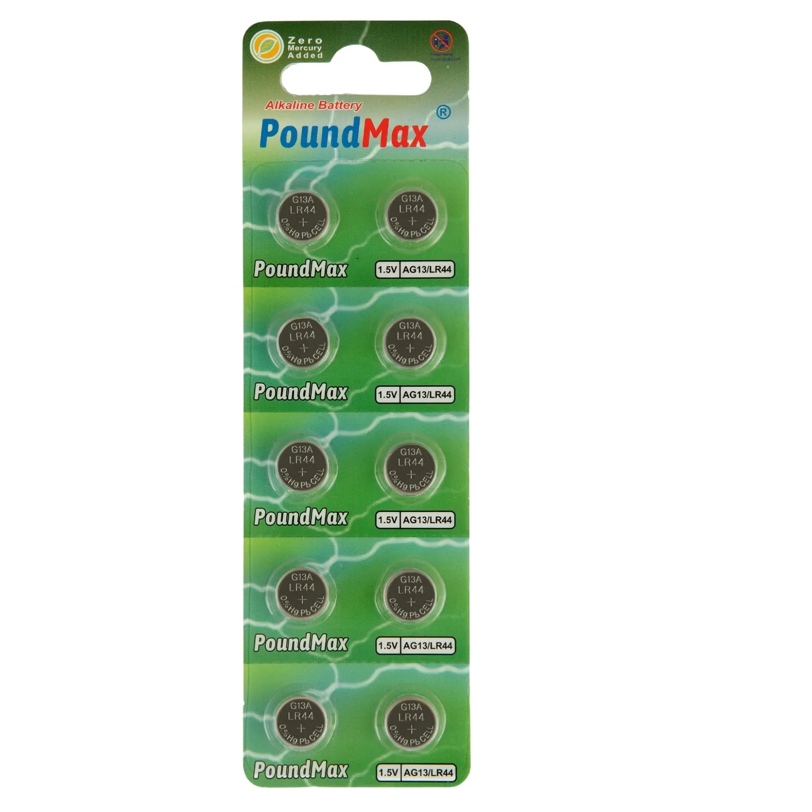 50 batterie alcaline a bottone AG13 LR44 da 1,5 V PoundMax - immagine 6