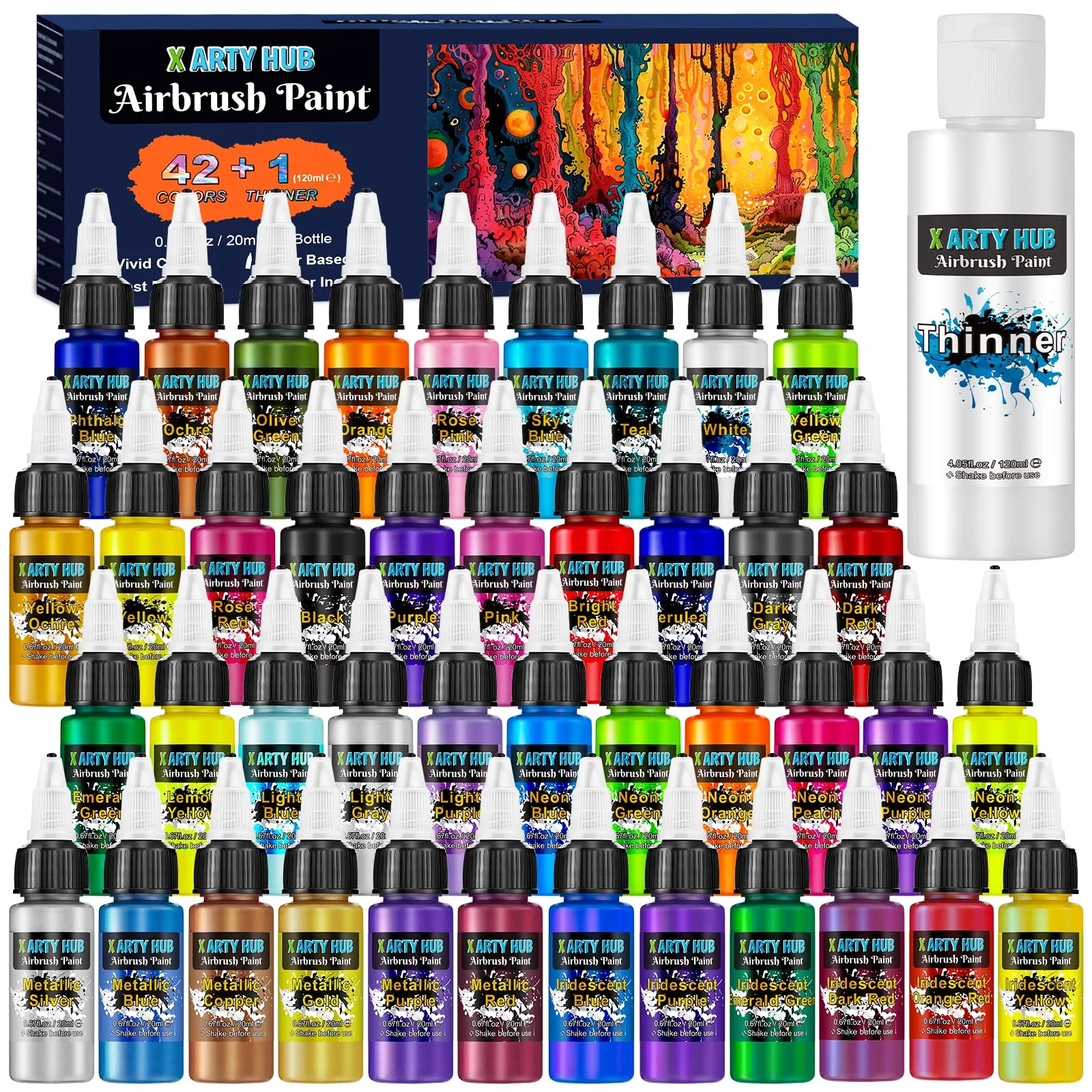 X ARTY HUB Kit di Colori Aerografo - 42 Colori con 120 ml Diluenti - immagine 1