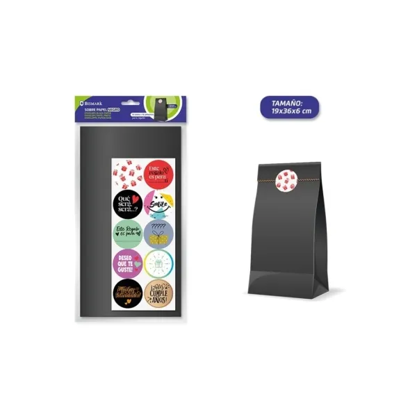 Confezione da 10 buste in carta kraft Bismark (50 g/m²) con 10 adesivi di chiusura - Dimensioni 19x36x6 cm - Ideali per regali - Nero - immagine 1