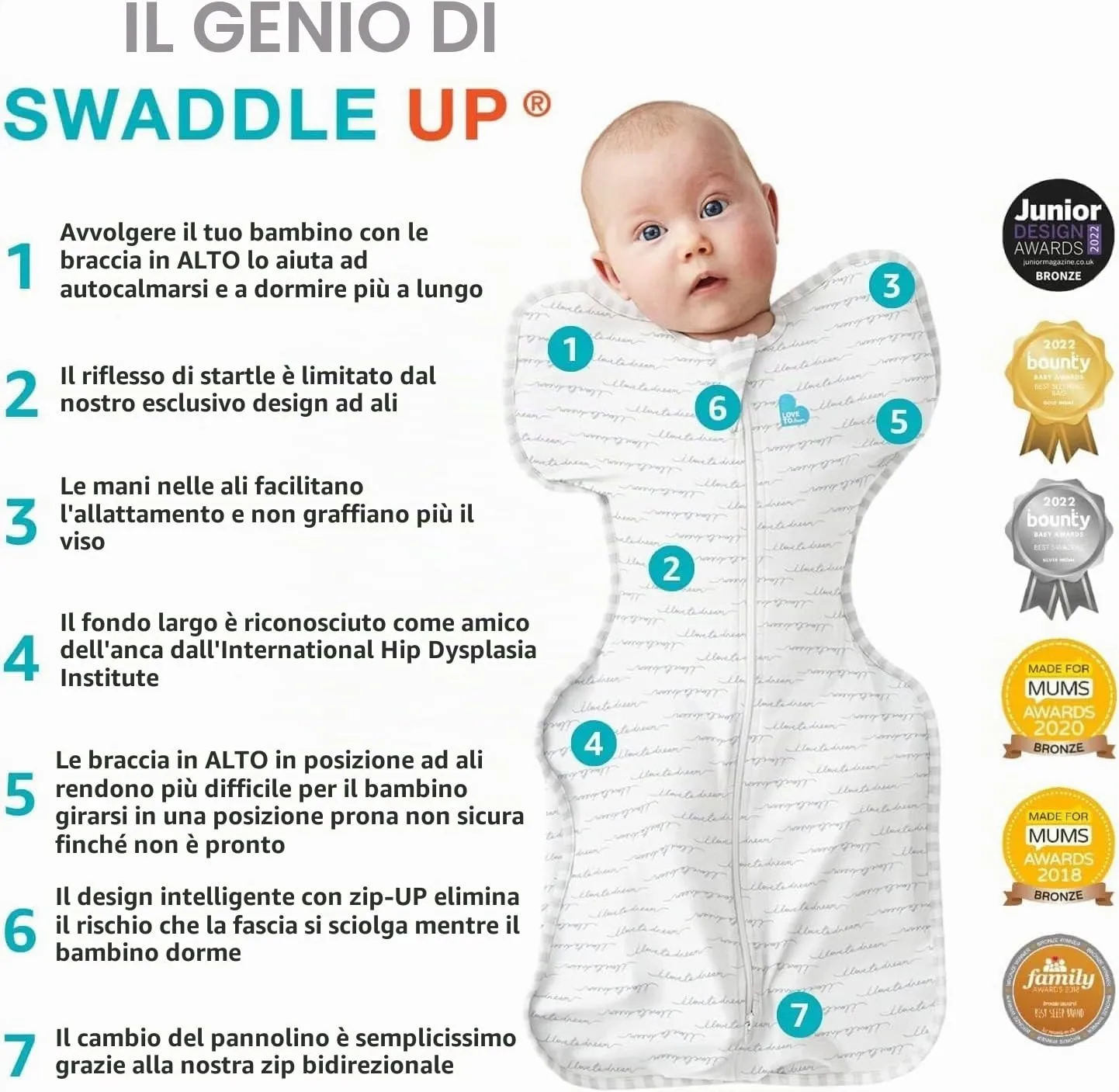 Love To Dream Sacco per dormire per bambino, doppia cerniera per facilitare il cambio del pannolino, posizione con le braccia sollevate, salutare per i fianchi, leggero e traspirante, temperature - immagine 5