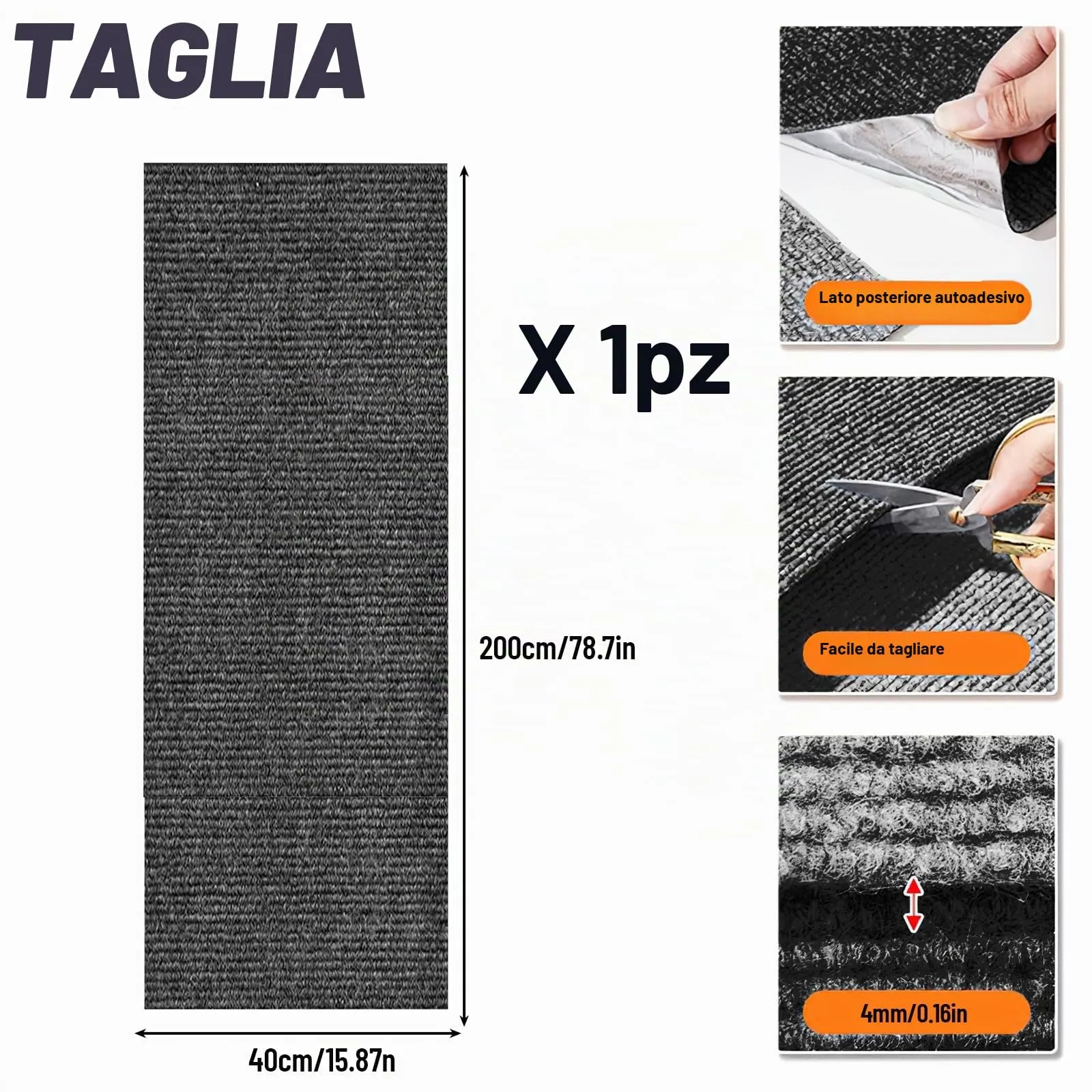 Dellyy Tappetino Antigraffio Autoadesivo per Gatti, Ritagliabile DIY Tiragraffi, Protegge Tappeti e Divani (Grigio Scuro, 40×200cm) - immagine 2