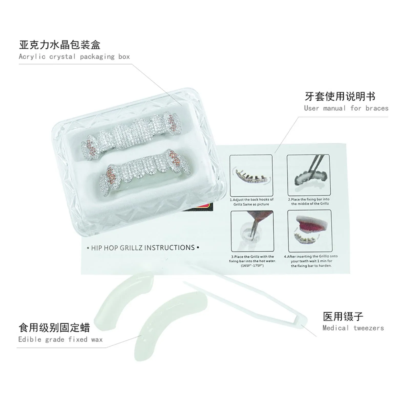 Generic 18 k placcato oro abbagliante denti Grillz - lussuoso Cubic Zirconia & simulato diamante, tutto iced fuori design per gli uomini e le donne, con bonus extra stampaggio bar,Nero,Upper teeth - immagine 2