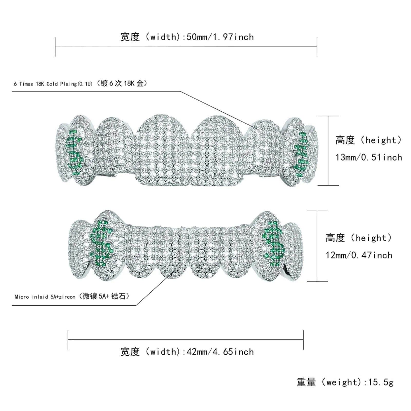 Generic 18 k placcato oro abbagliante denti Grillz - lussuoso Cubic Zirconia & simulato diamante, tutto iced fuori design per gli uomini e le donne, con bonus extra stampaggio bar,Marrone,lower teeth - immagine 3