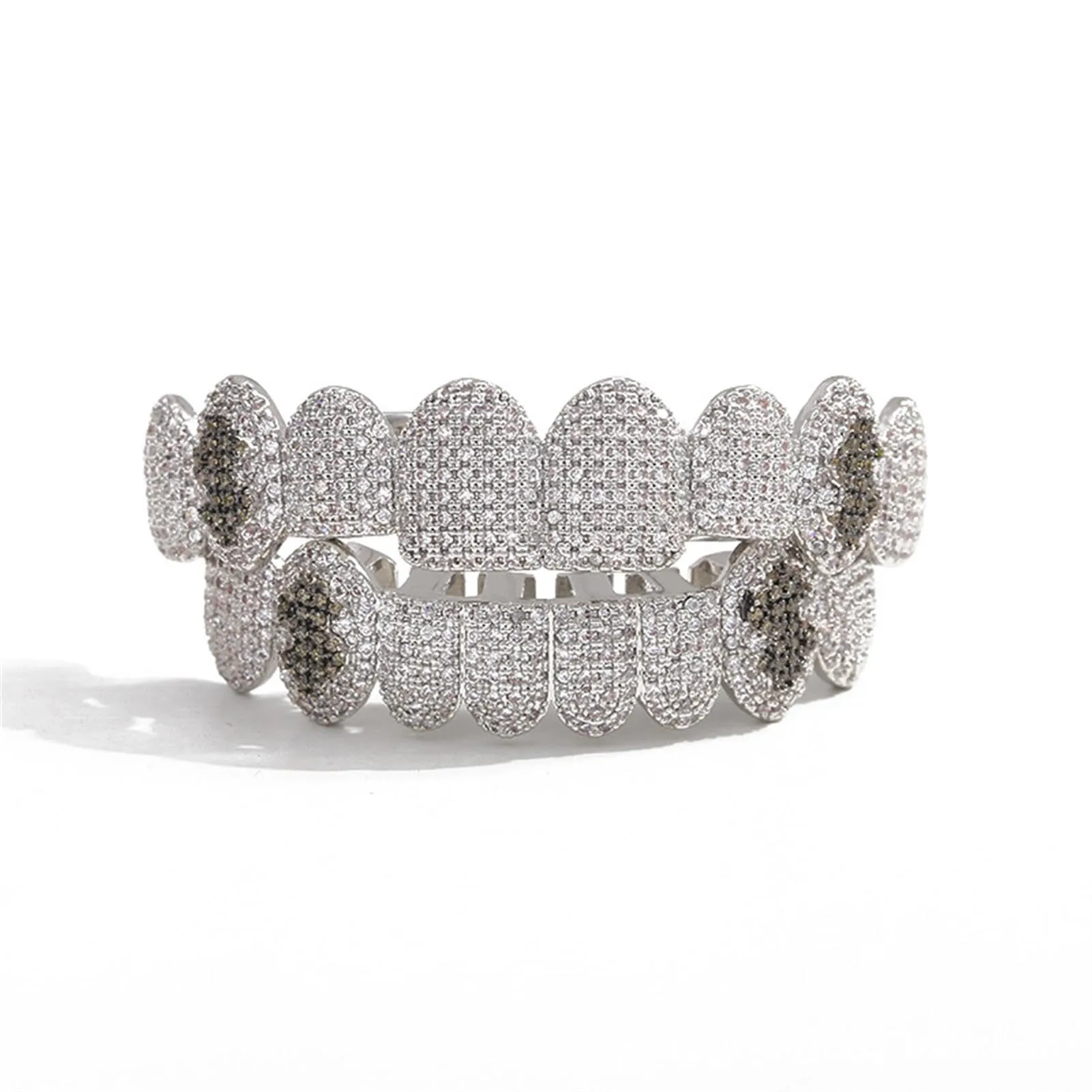 Generic 18 k placcato oro abbagliante denti Grillz - lussuoso Cubic Zirconia & simulato diamante, tutto iced fuori design per gli uomini e le donne, con bonus extra stampaggio bar,Nero,lower teeth - immagine 2