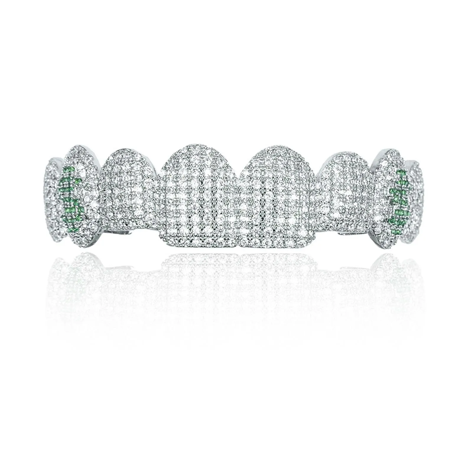 Generic 18 k placcato oro abbagliante denti Grillz - lussuoso Cubic Zirconia & simulato diamante, tutto iced fuori design per gli uomini e le donne, con bonus extra stampaggio bar,Verde,set - immagine 3