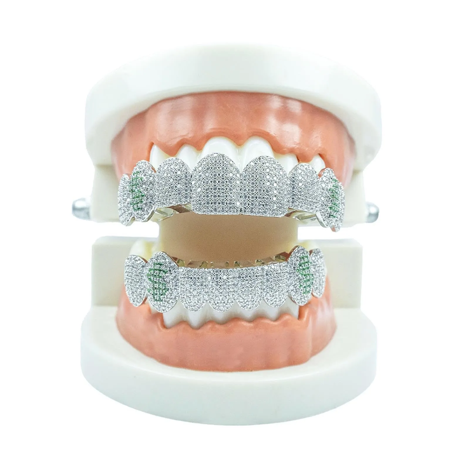 Generic 18 k placcato oro abbagliante denti Grillz - lussuoso Cubic Zirconia & simulato diamante, tutto iced fuori design per gli uomini e le donne, con bonus extra stampaggio bar,Verde,set - immagine 4