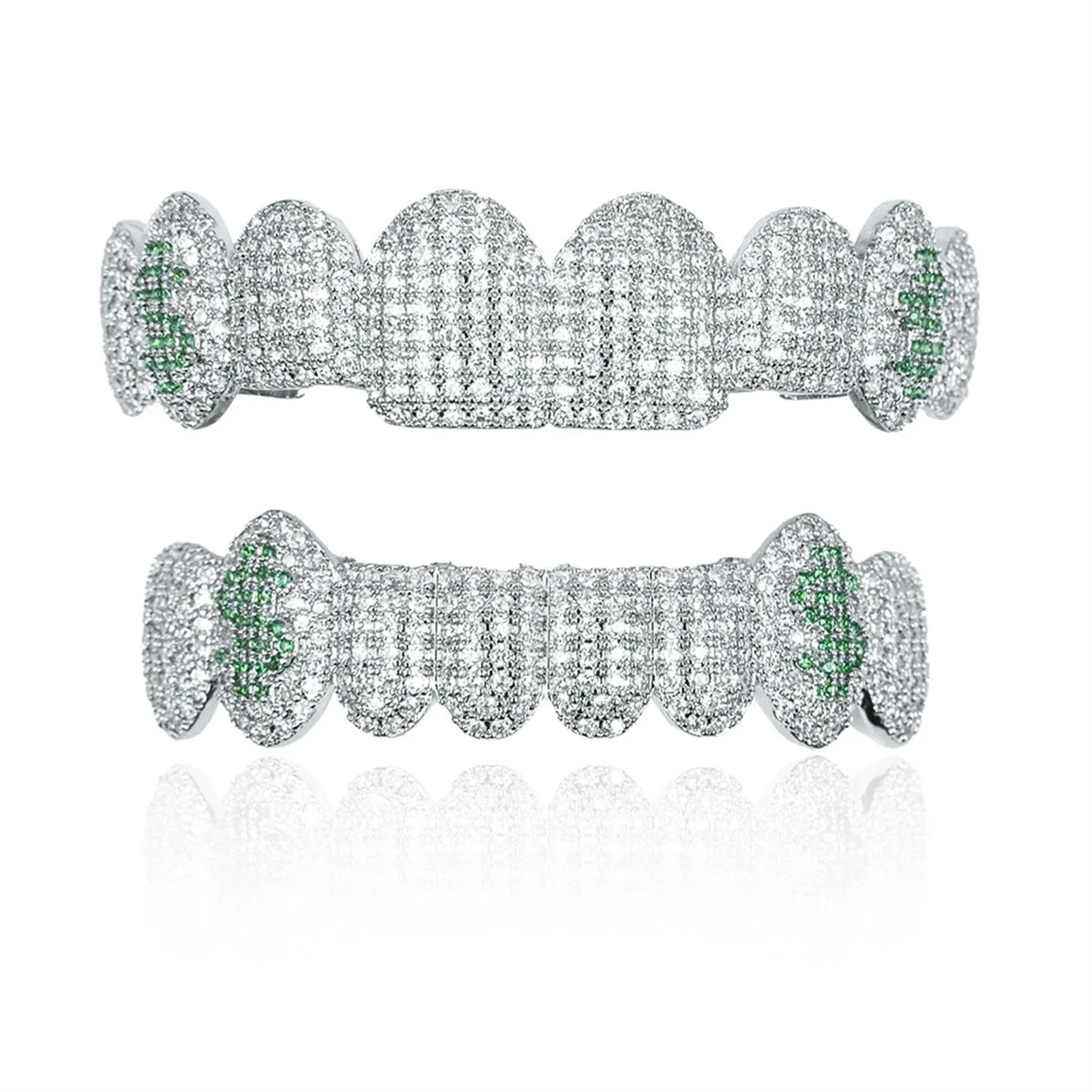 Generic 18 k placcato oro abbagliante denti Grillz - lussuoso Cubic Zirconia & simulato diamante, tutto iced fuori design per gli uomini e le donne, con bonus extra stampaggio bar,Verde,lower teeth - immagine 2