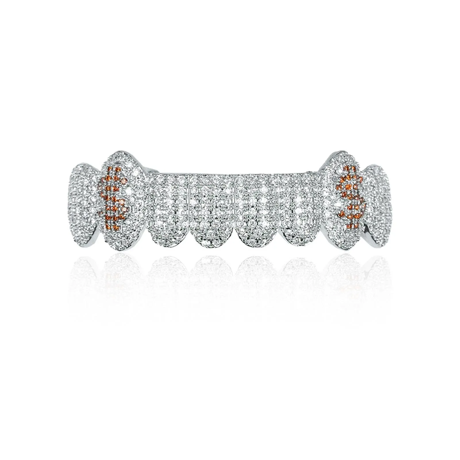 Generic 18 k placcato oro abbagliante denti Grillz - lussuoso Cubic Zirconia & simulato diamante, tutto iced fuori design per gli uomini e le donne, con bonus extra stampaggio bar,Marrone,set - immagine 2
