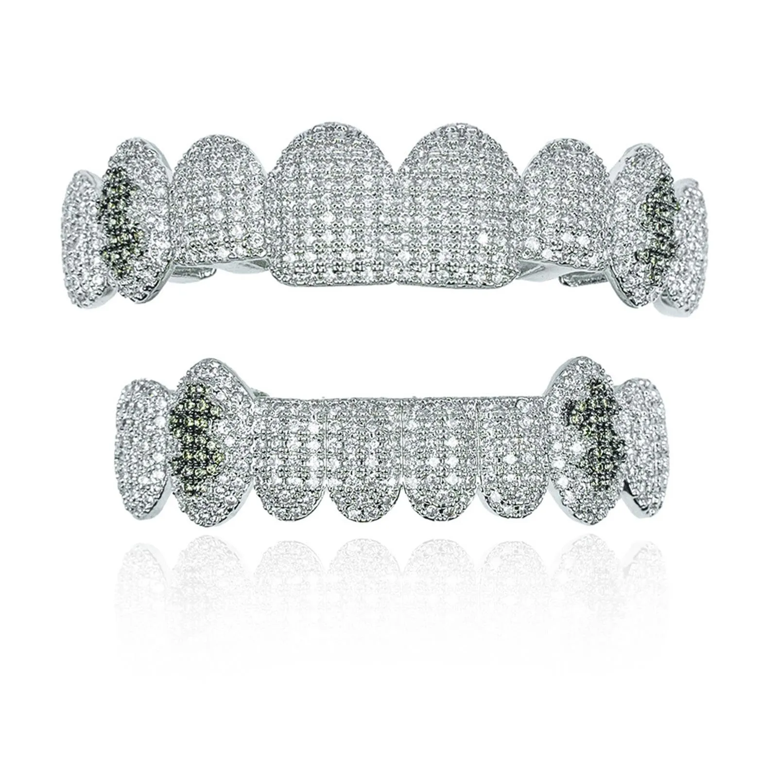 Generic 18 k placcato oro abbagliante denti Grillz - lussuoso Cubic Zirconia & simulato diamante, tutto iced fuori design per gli uomini e le donne, con bonus extra stampaggio bar,Verde,Upper teeth - immagine 2