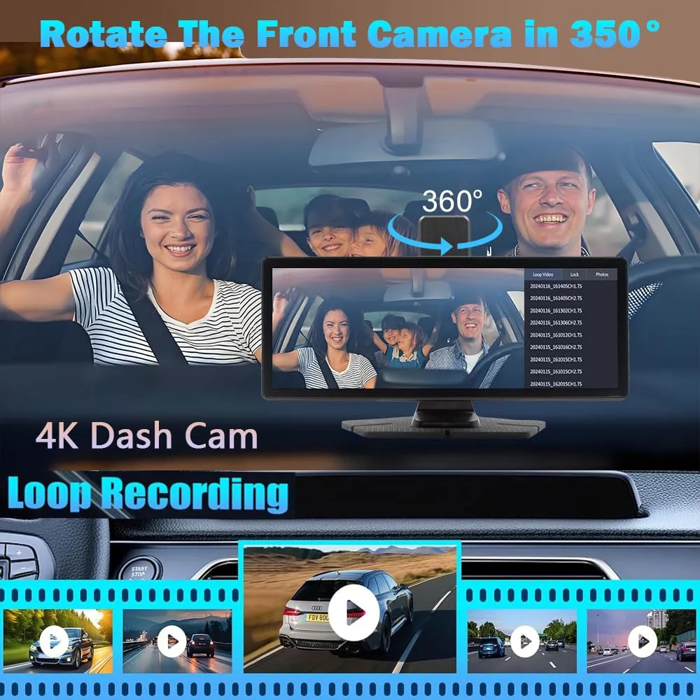 10.26" Wireless Carplay Screen 360 Rotazione 4K Dash Cam Carplay/Android Auto Stereo Auto Ricevitore Audio Auto con 1080p Backup Camera GPS Navigation/Specchio Link/Controllo vocale/Siri - immagine 2
