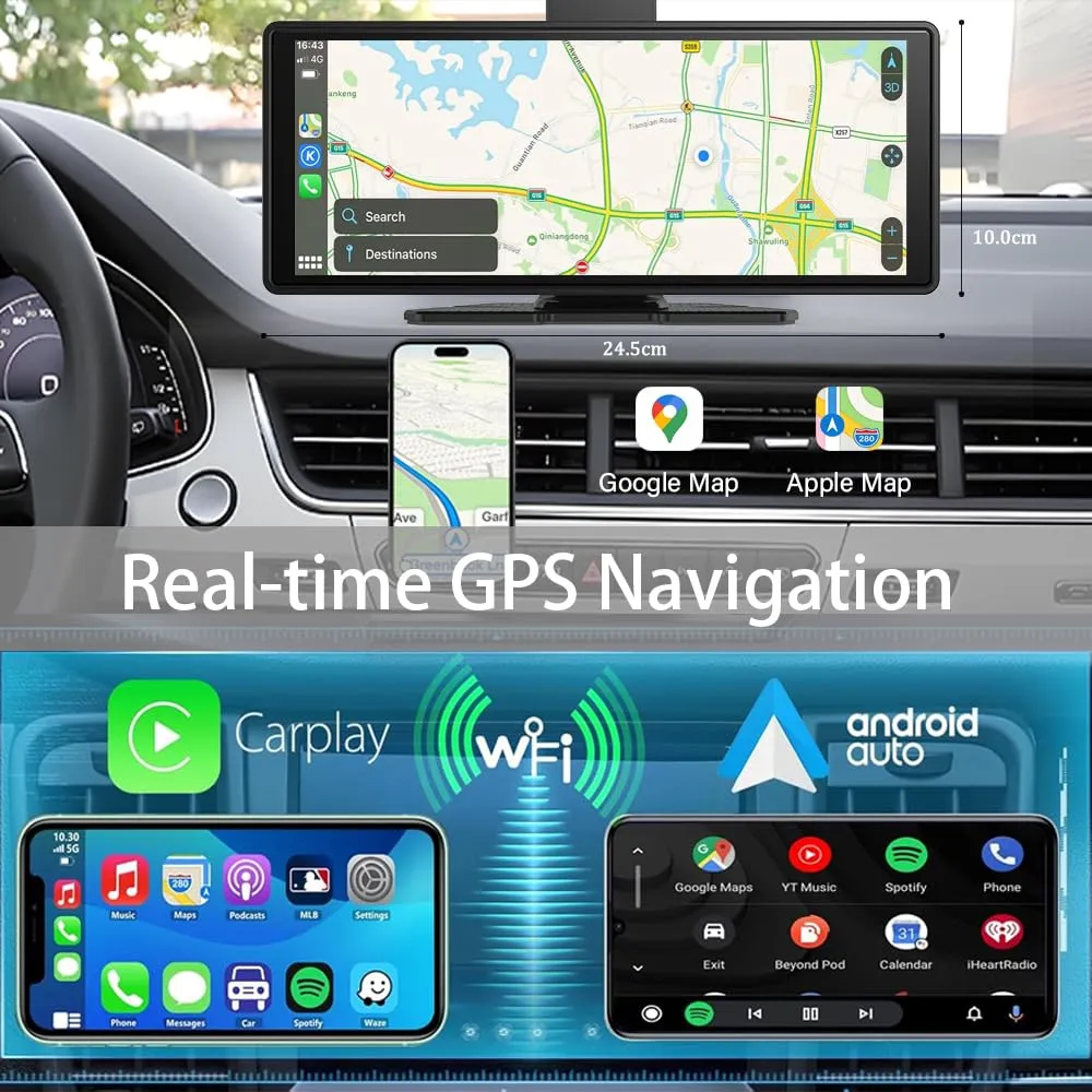 10.26" Wireless Carplay Screen 360 Rotazione 4K Dash Cam Carplay/Android Auto Stereo Auto Ricevitore Audio Auto con 1080p Backup Camera GPS Navigation/Specchio Link/Controllo vocale/Siri - immagine 3