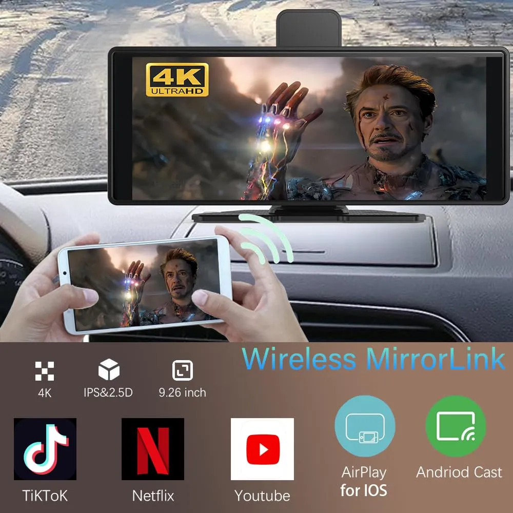 10.26" Wireless Carplay Screen 360 Rotazione 4K Dash Cam Carplay/Android Auto Stereo Auto Ricevitore Audio Auto con 1080p Backup Camera GPS Navigation/Specchio Link/Controllo vocale/Siri - immagine 5