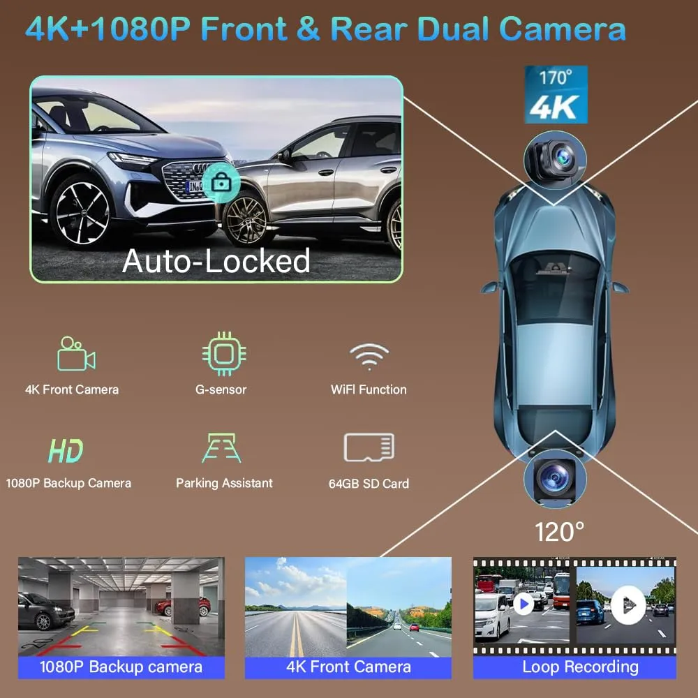10.26" Wireless Carplay Screen 360 Rotazione 4K Dash Cam Carplay/Android Auto Stereo Auto Ricevitore Audio Auto con 1080p Backup Camera GPS Navigation/Specchio Link/Controllo vocale/Siri - immagine 6