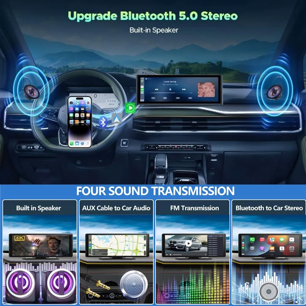 10.26" Wireless Carplay Screen 360 Rotazione 4K Dash Cam Carplay/Android Auto Stereo Auto Ricevitore Audio Auto con 1080p Backup Camera GPS Navigation/Specchio Link/Controllo vocale/Siri - immagine 7