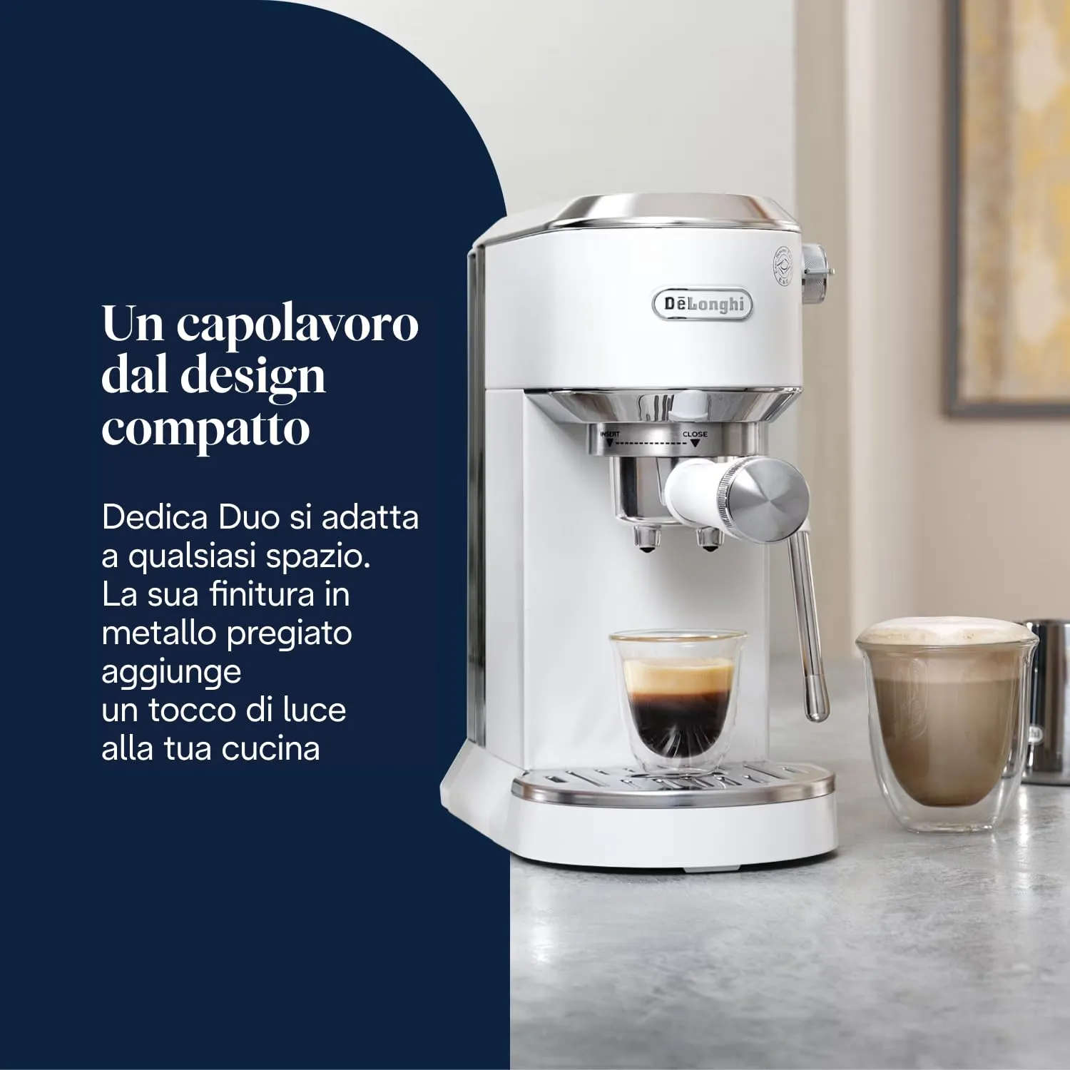 De'Longhi Dedica Duo EC890.WI Macchina Manuale per Caffè Espresso, Cappuccino e Cold Brew, Barista, Dotata di Lancia Vapore per My LatteArt, Display Touch,Larga 15cm, Serbatoio Estraibile 1,1L, Bianca - immagine 2