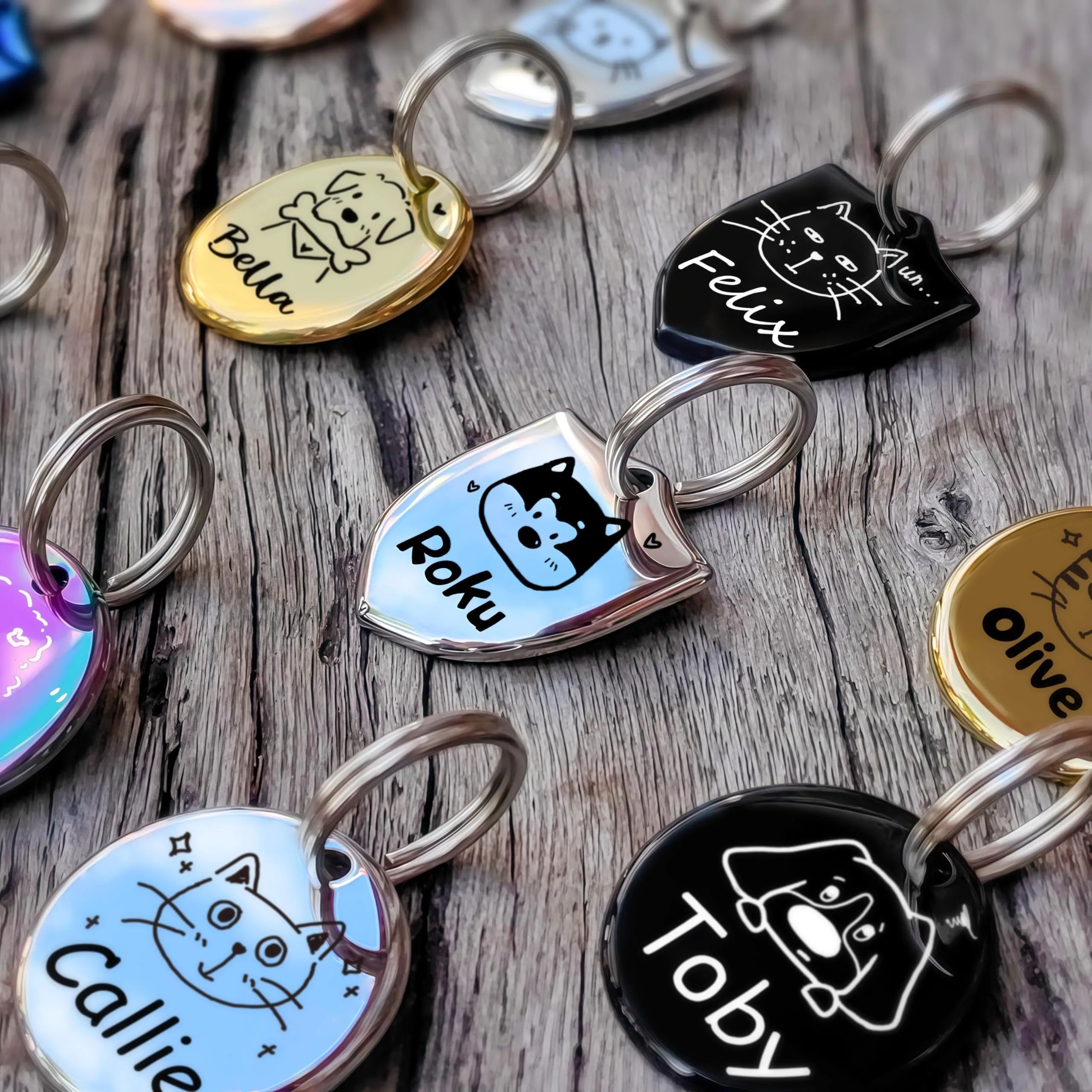 Progettazione originale del ritratto di gatto e cane per targhetta cane con incisione – Accessori personalizzati per collare in acciaio inox con incisione profonda Souvenir (Scudo) - immagine 5
