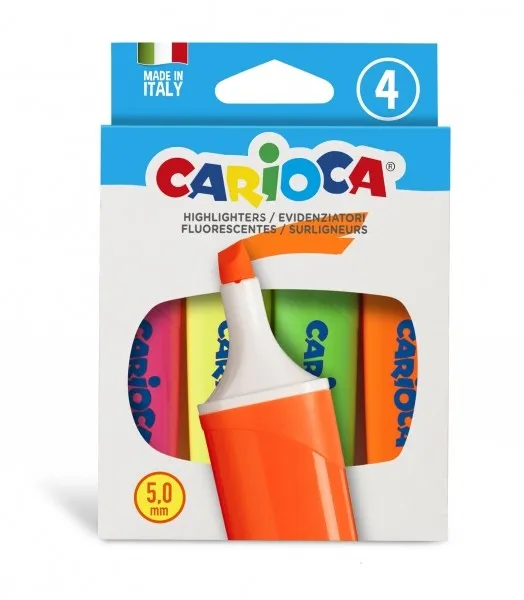Carioca Memolight Confezione da 4 Evidenziatori - Punta a Scalpello da 5 mm - Colori Brillanti e Lavabili - Inchiostro a Base d'Acqua - Vari Colori - immagine 1