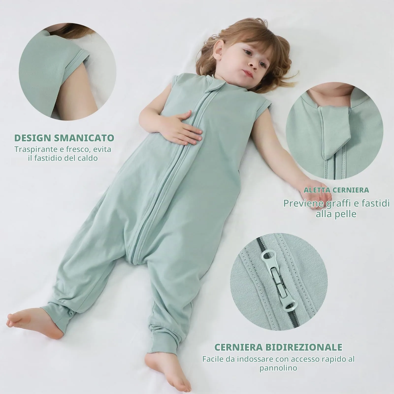 Mosebears Sacco Nanna 1 Tog per Bambini - Leggermente Imbottito Cotone Traspirante,primaverile e autunno(Calm Sage,95cm(3-4 anni)) - immagine 4